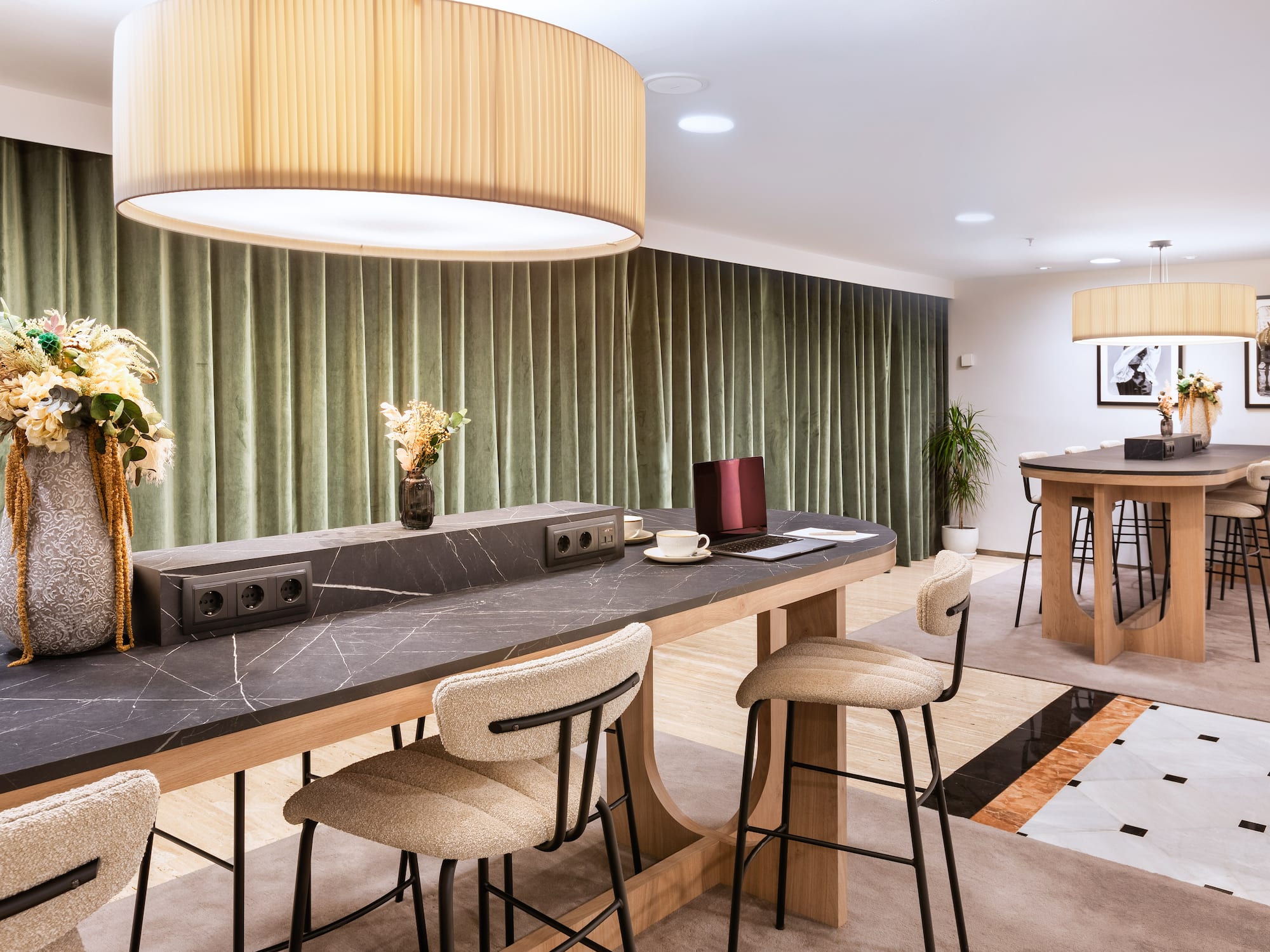 a room with a table and chairs