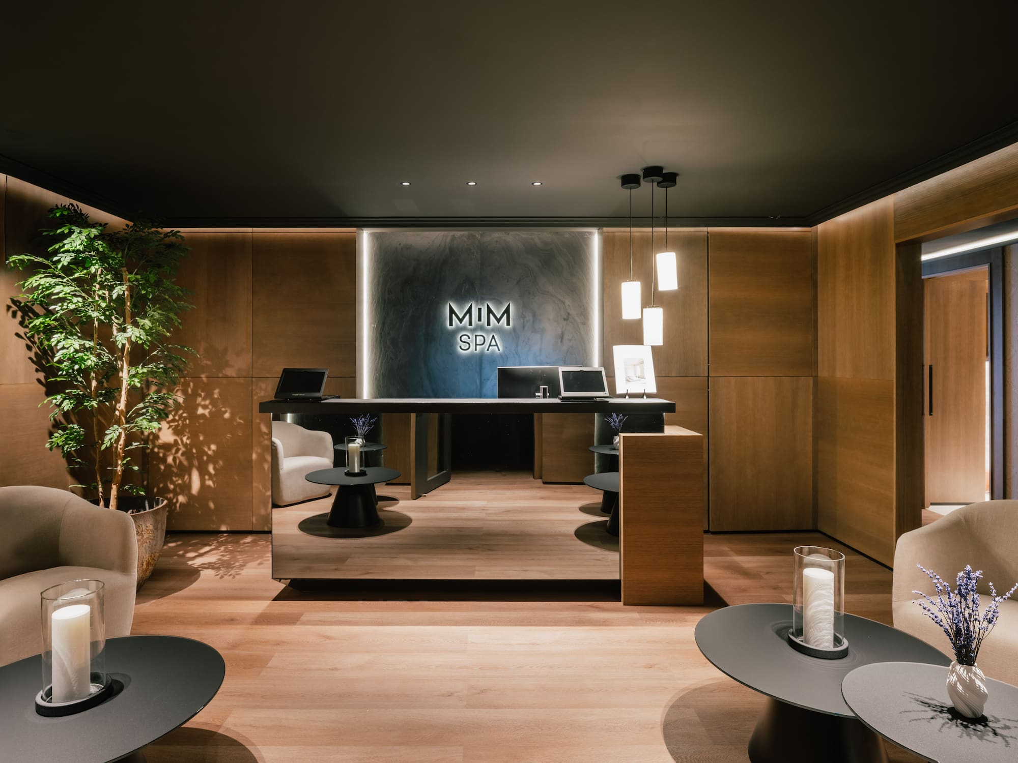 Sleek MIM SPA reception desk, wood walls, comfortable seating, and soft lighting.
