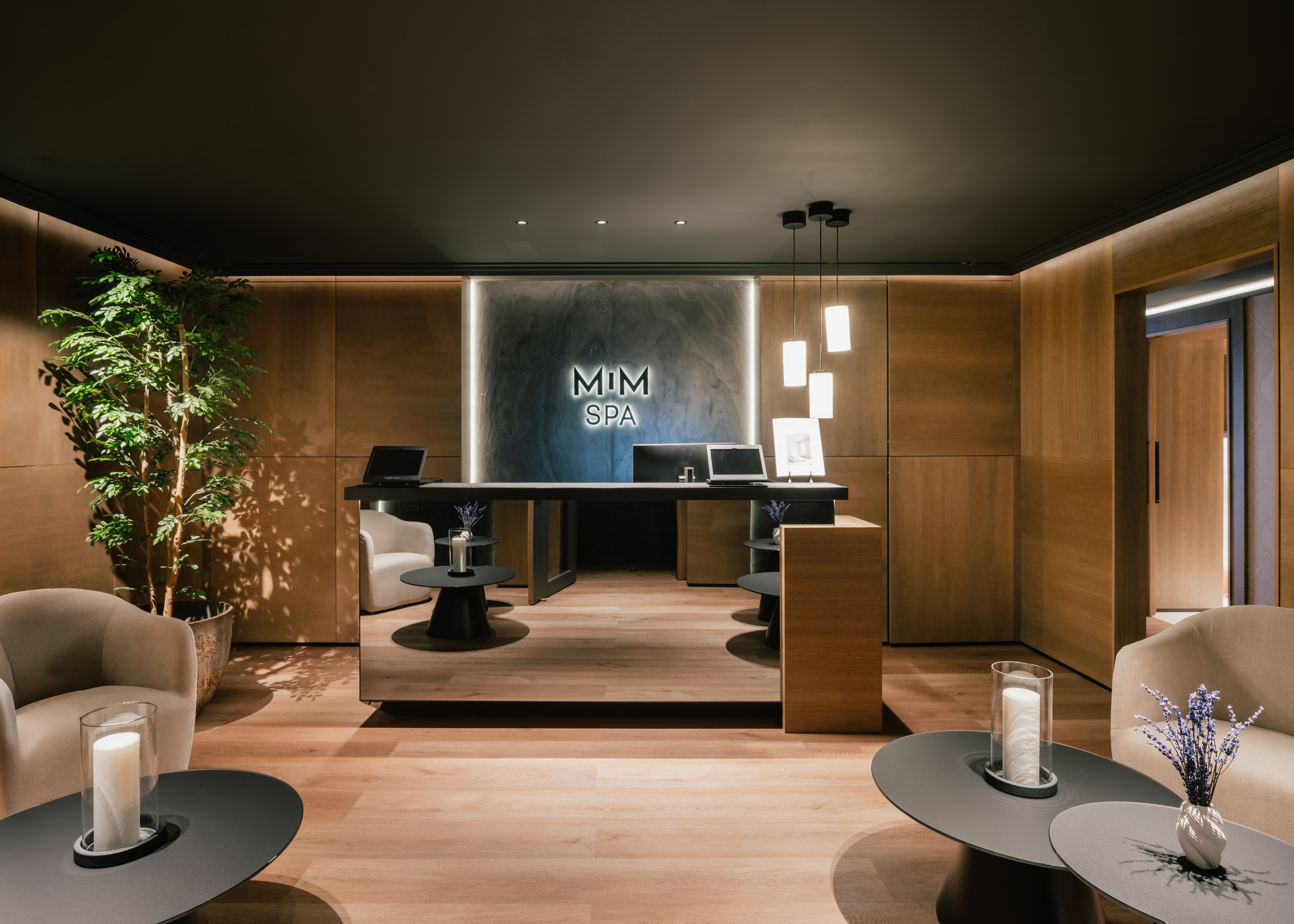 Sleek MIM SPA reception desk, wood walls, comfortable seating, and soft lighting.