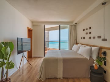a bedroom with a television and a large window