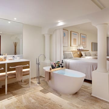 a bathroom with a tub and a double bed