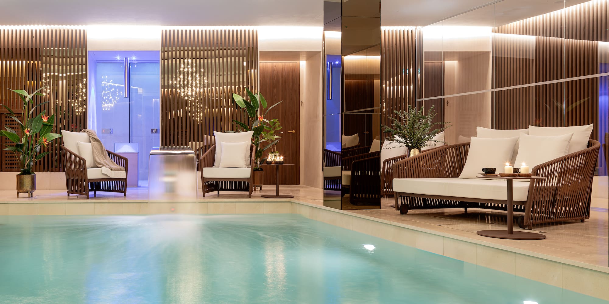 a swimming pool inside a hotel