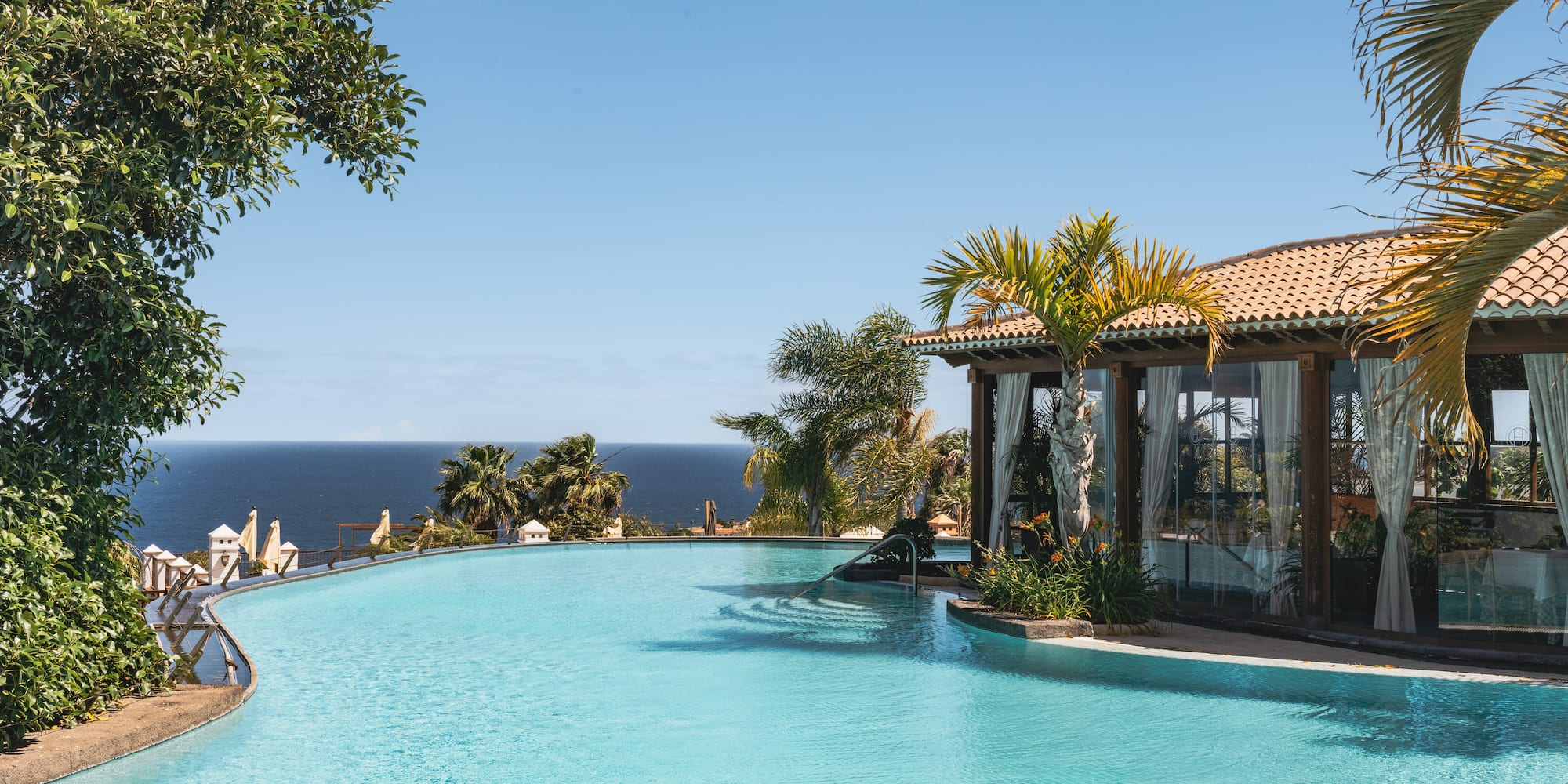 Infinity pool overlooking ocean, with palm trees and a tropical resort building.