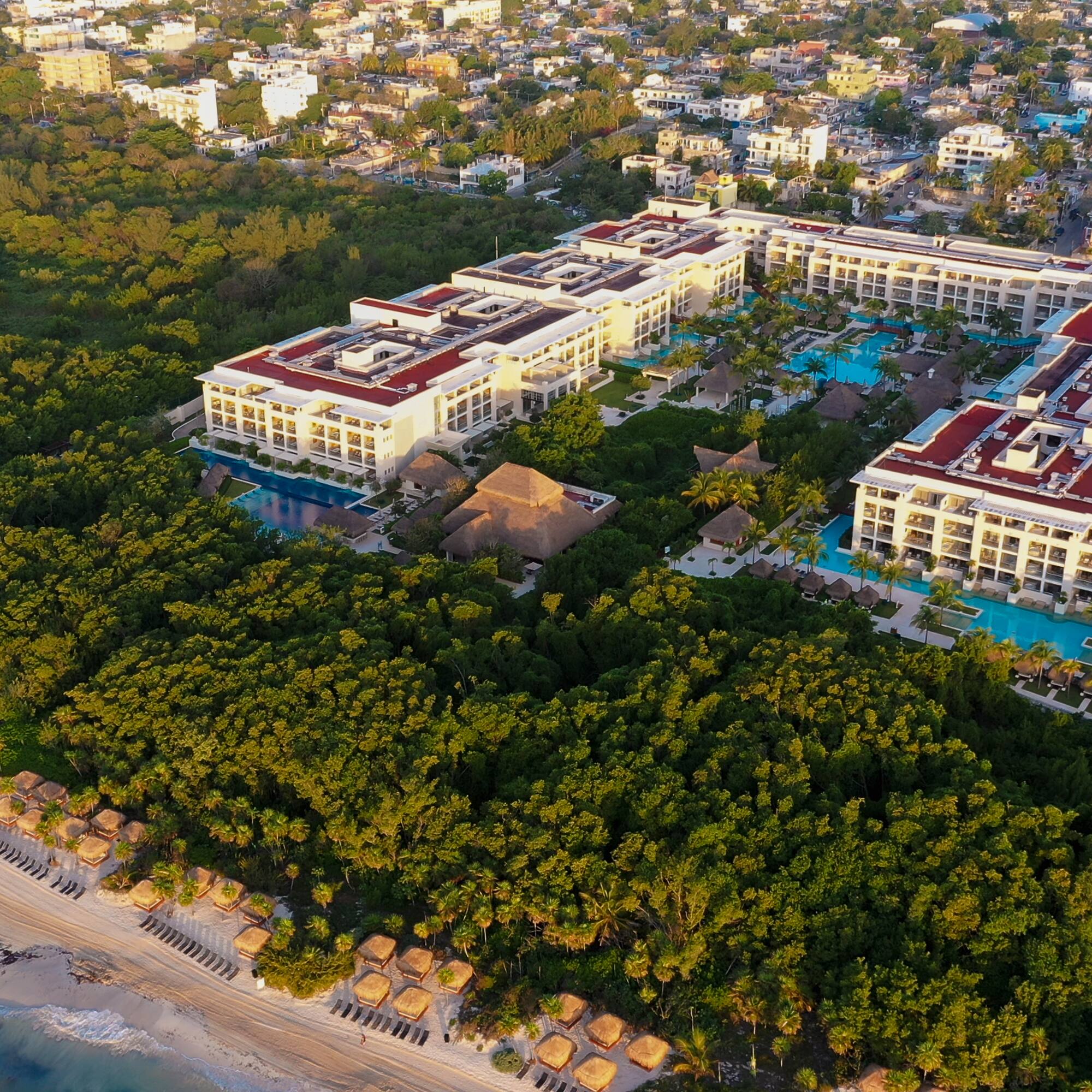 a large building surrounded by trees
