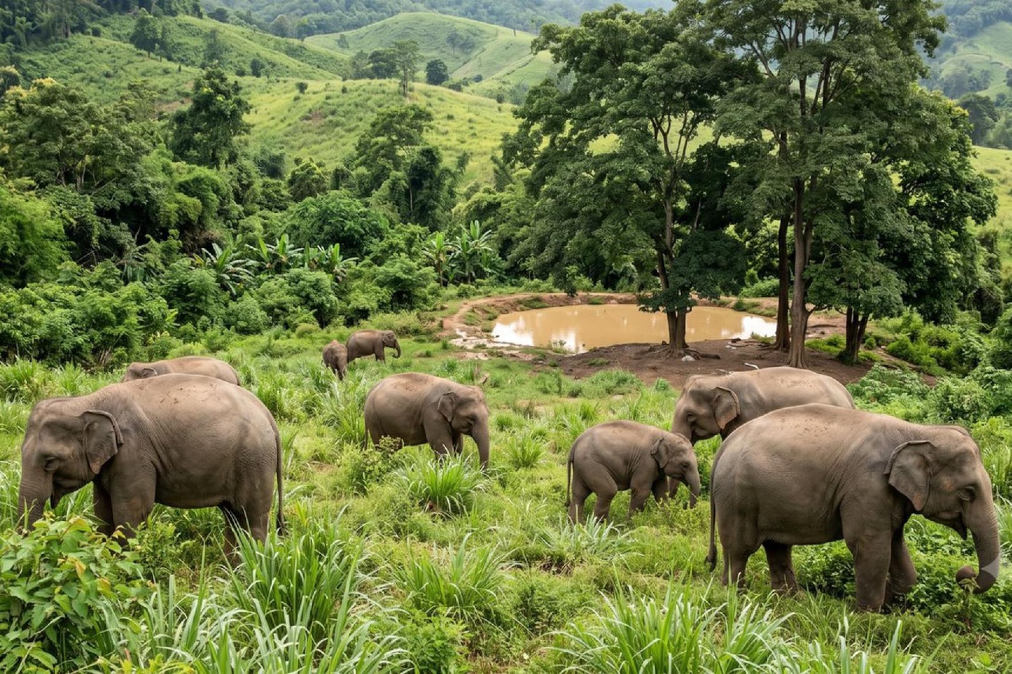 Herd of elephants grazing in a lush green jungle with a muddy pond.