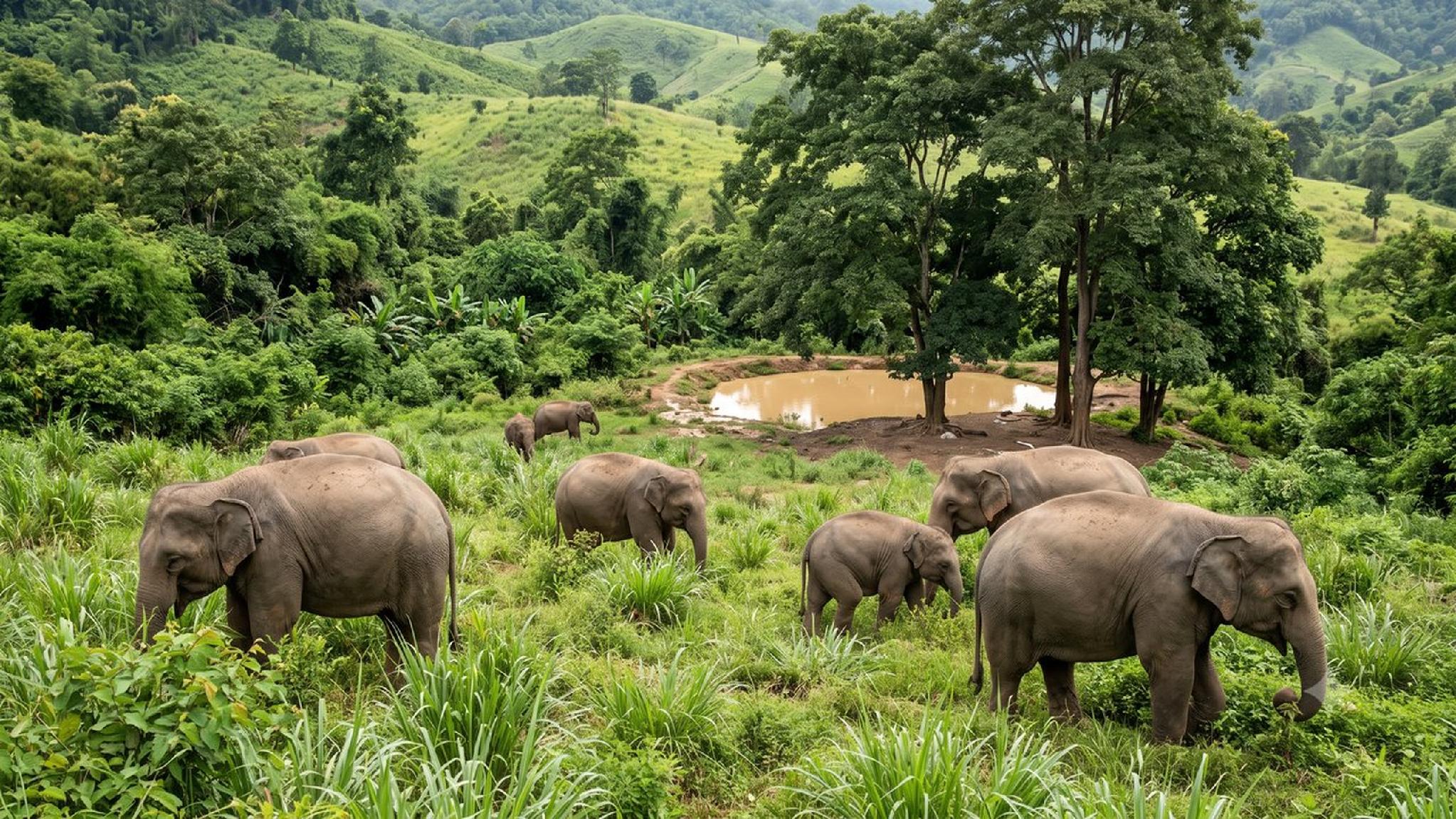 Herd of elephants grazing in a lush green jungle with a muddy pond.