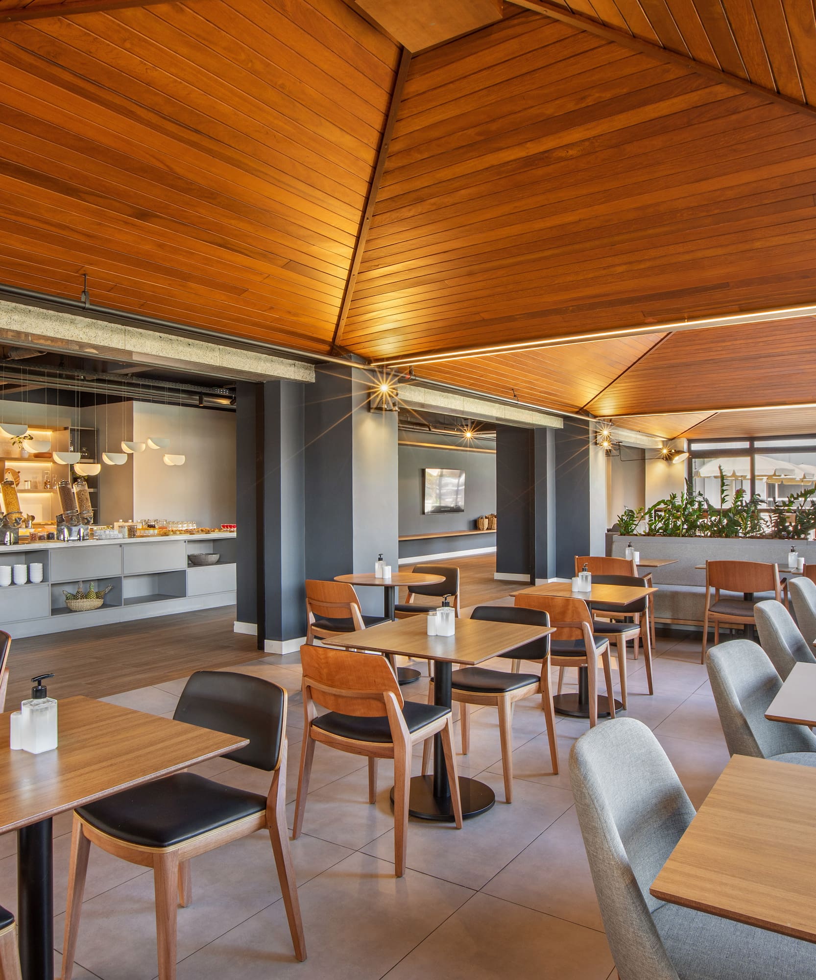 a room with tables and chairs