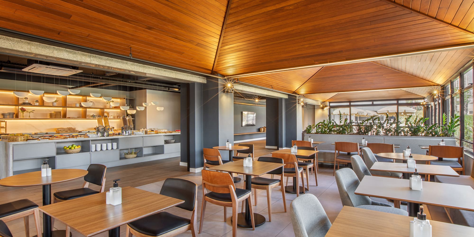 a room with tables and chairs