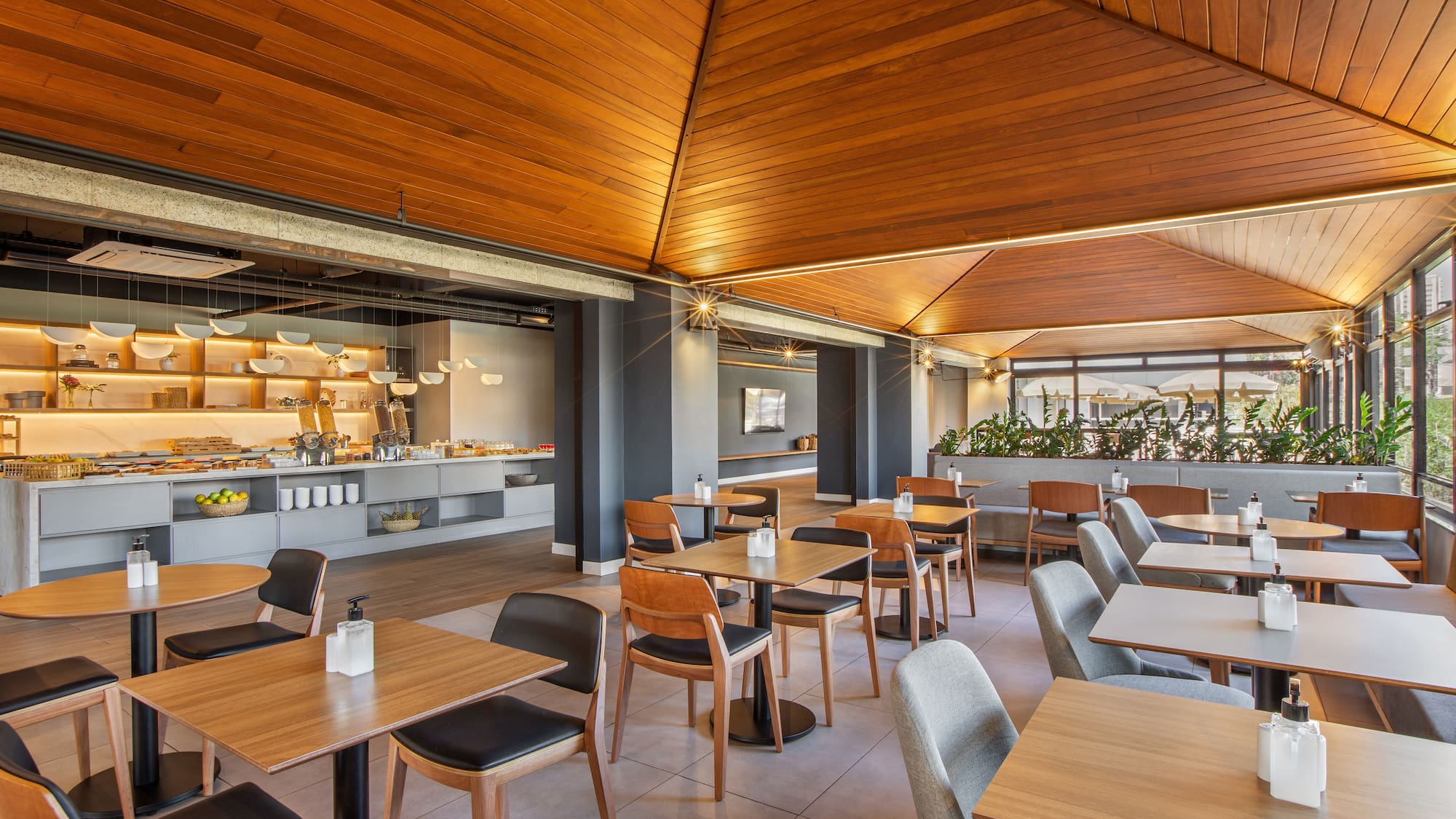 a room with tables and chairs