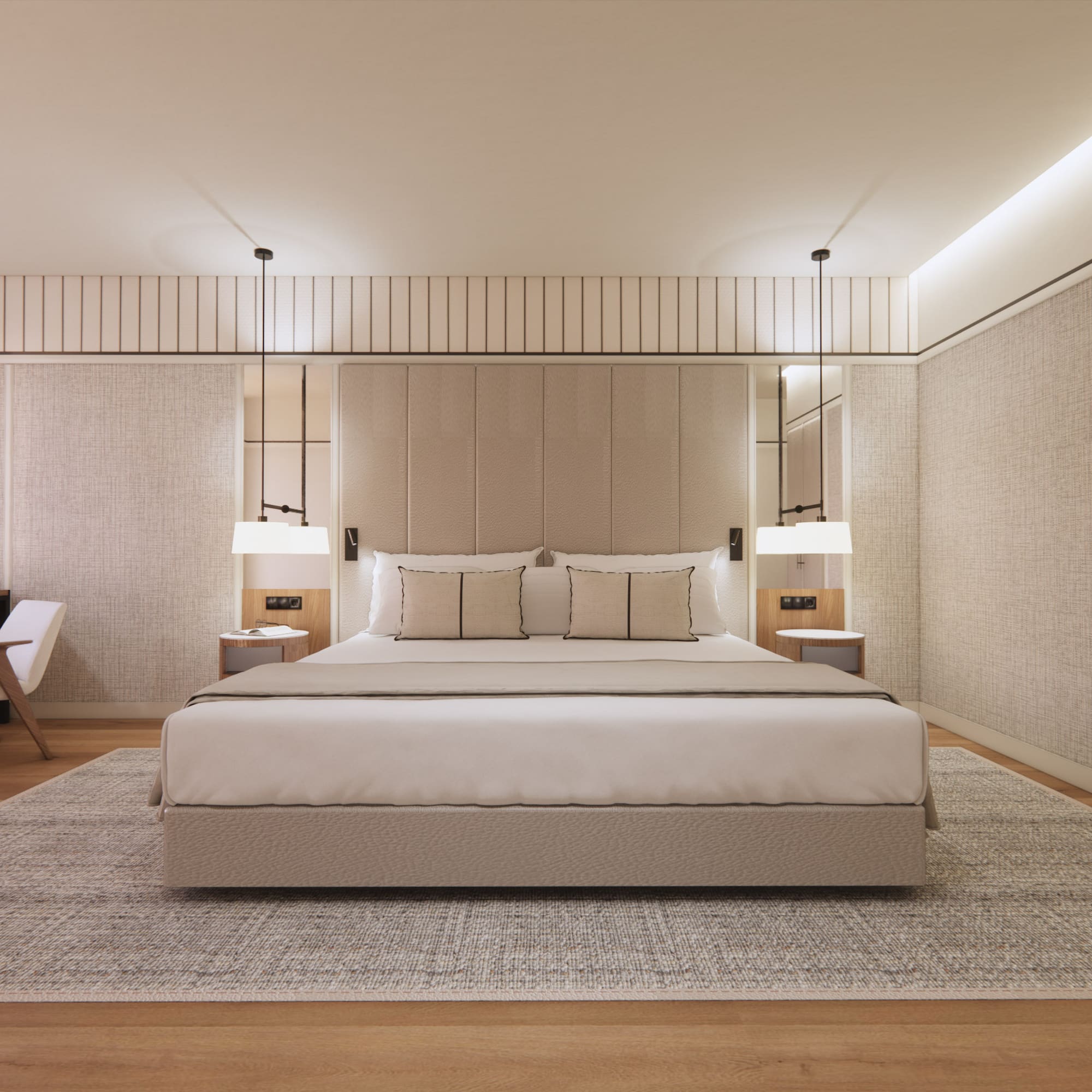 Modernes, helles Schlafzimmer mit Doppelbett, Teppich und Holzboden. - Superior Room mit Balkon und Golfblick - Hotel Golf Santa Ponsa Meliá Collection, Mallorca