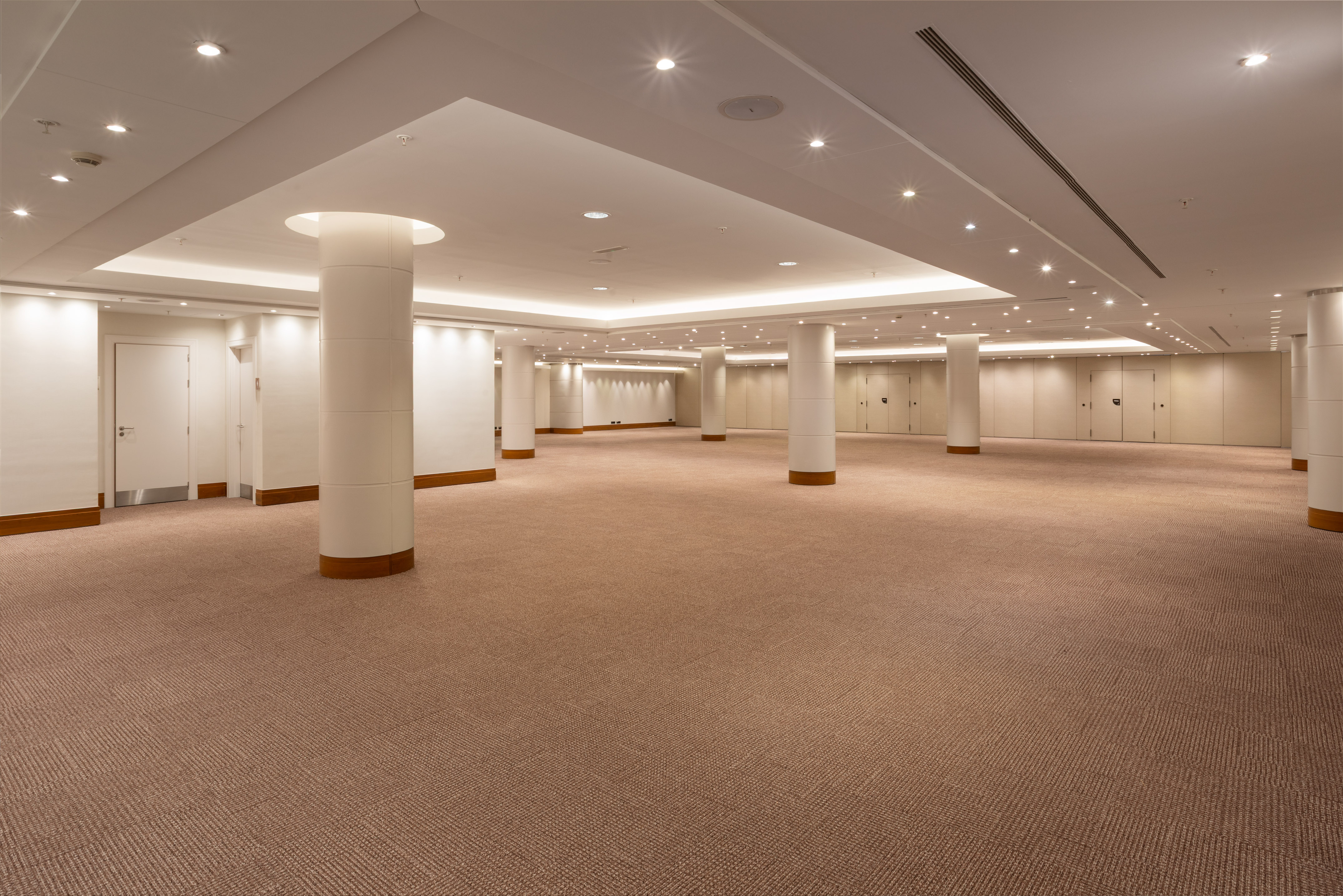 Spacious empty conference room with beige carpet and white columns.