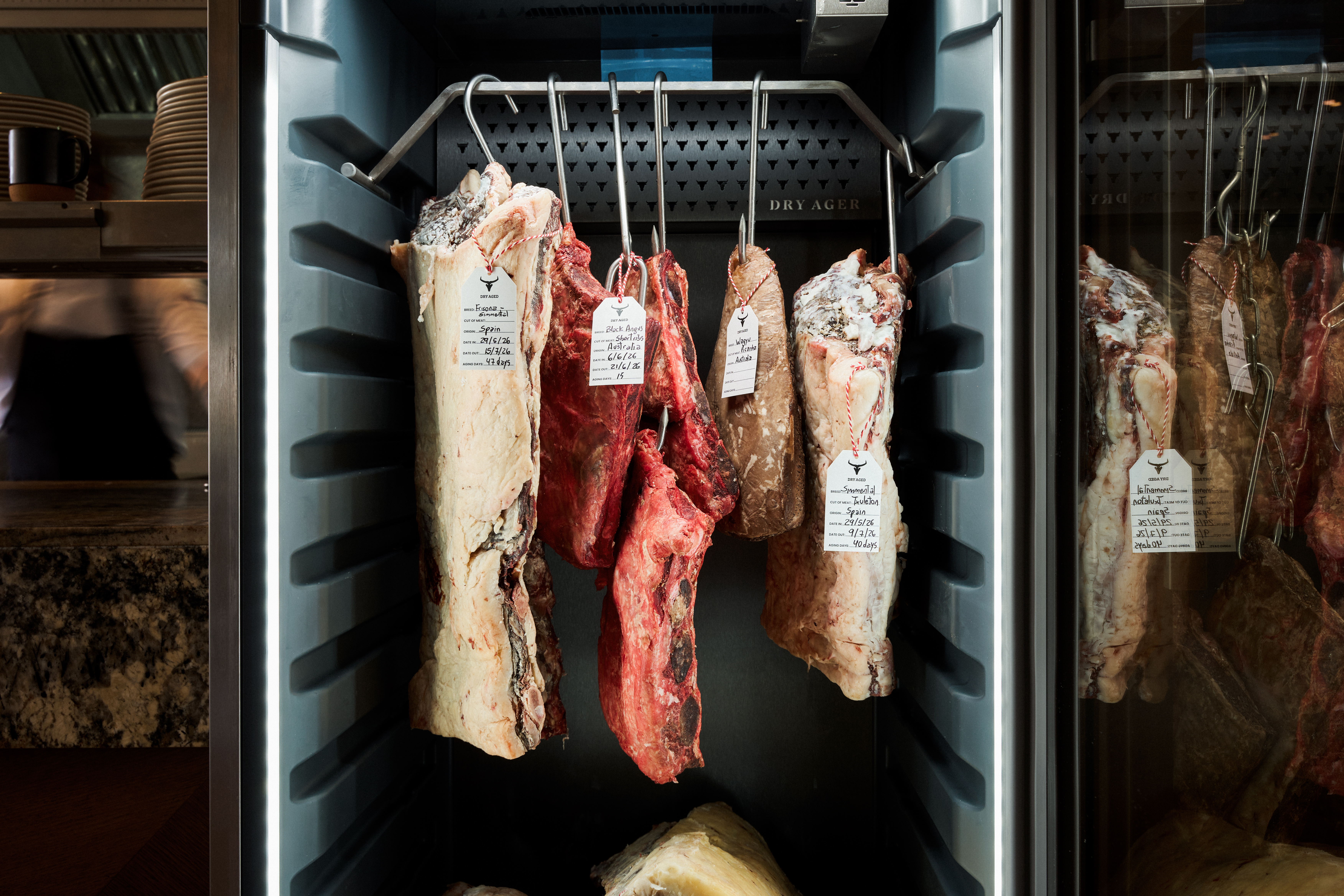 Dry-aged beef cuts: Simmental & Black Angus, in a lighted Dry Ager.