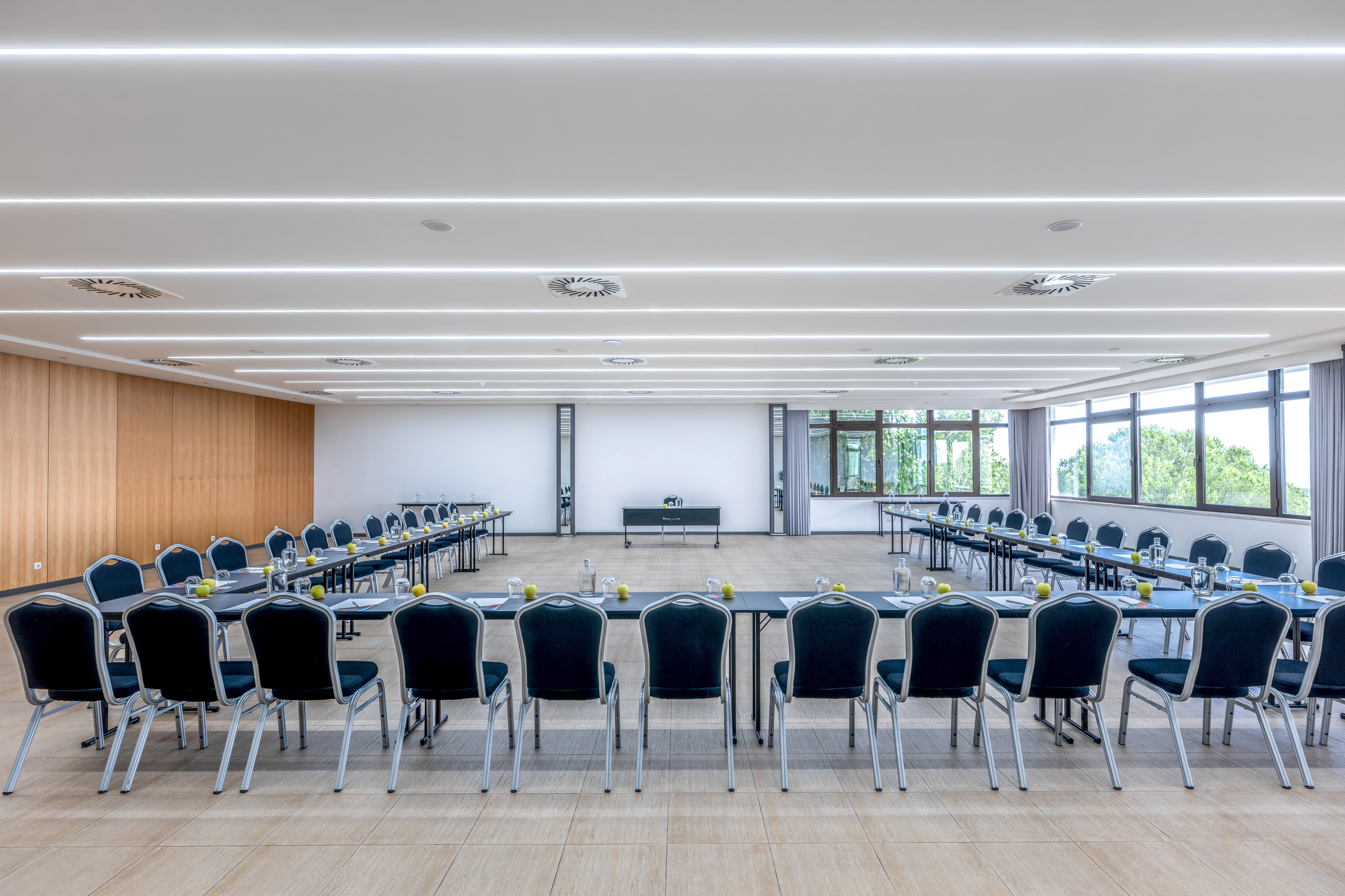 Modern, bright conference room with U-shaped table setup and window views.