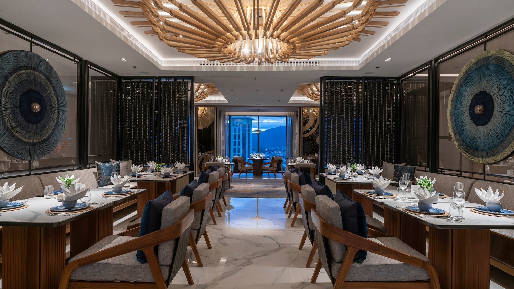 a room with tables and chairs