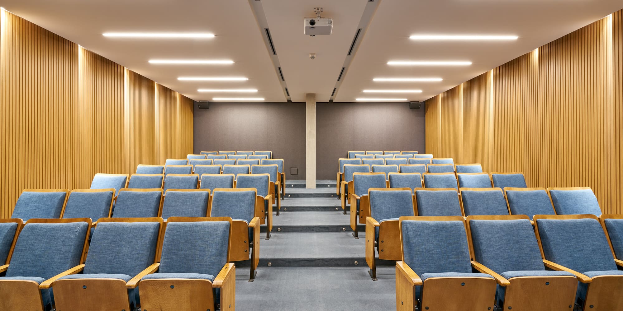 a room with blue chairs and a carpet