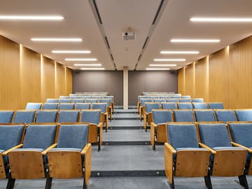 a room with blue chairs and a carpet