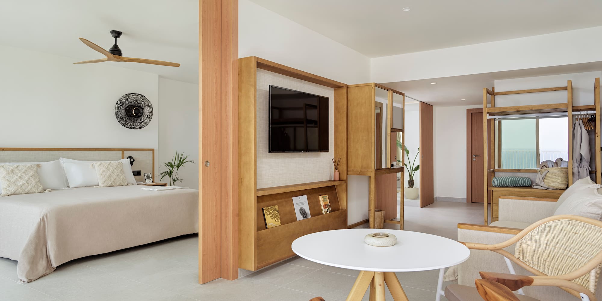 a room with a bed and a table