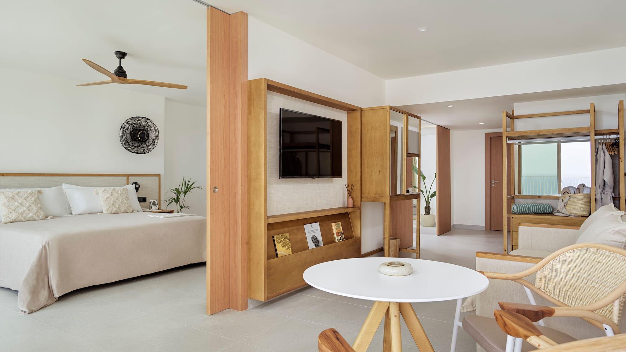 a room with a bed and a table