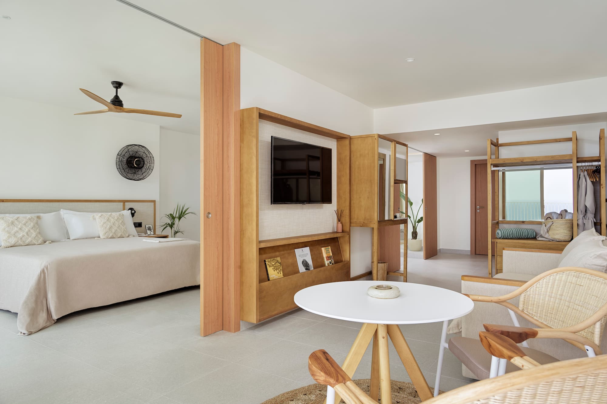 a room with a bed and a table