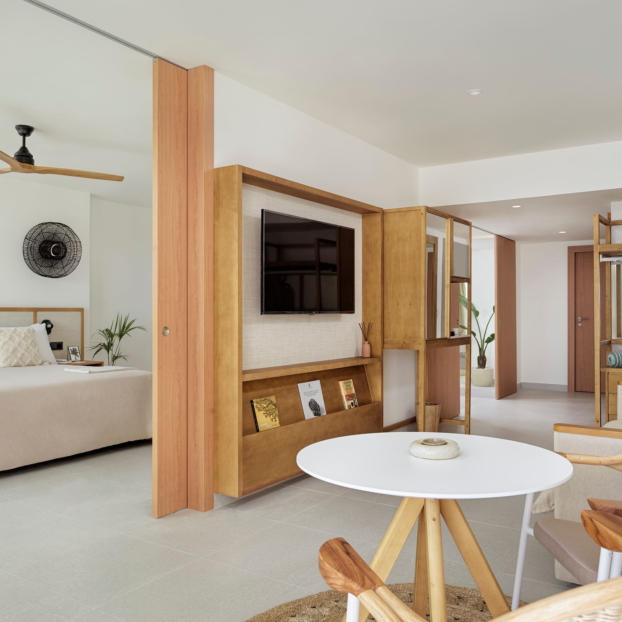 a room with a bed and a table