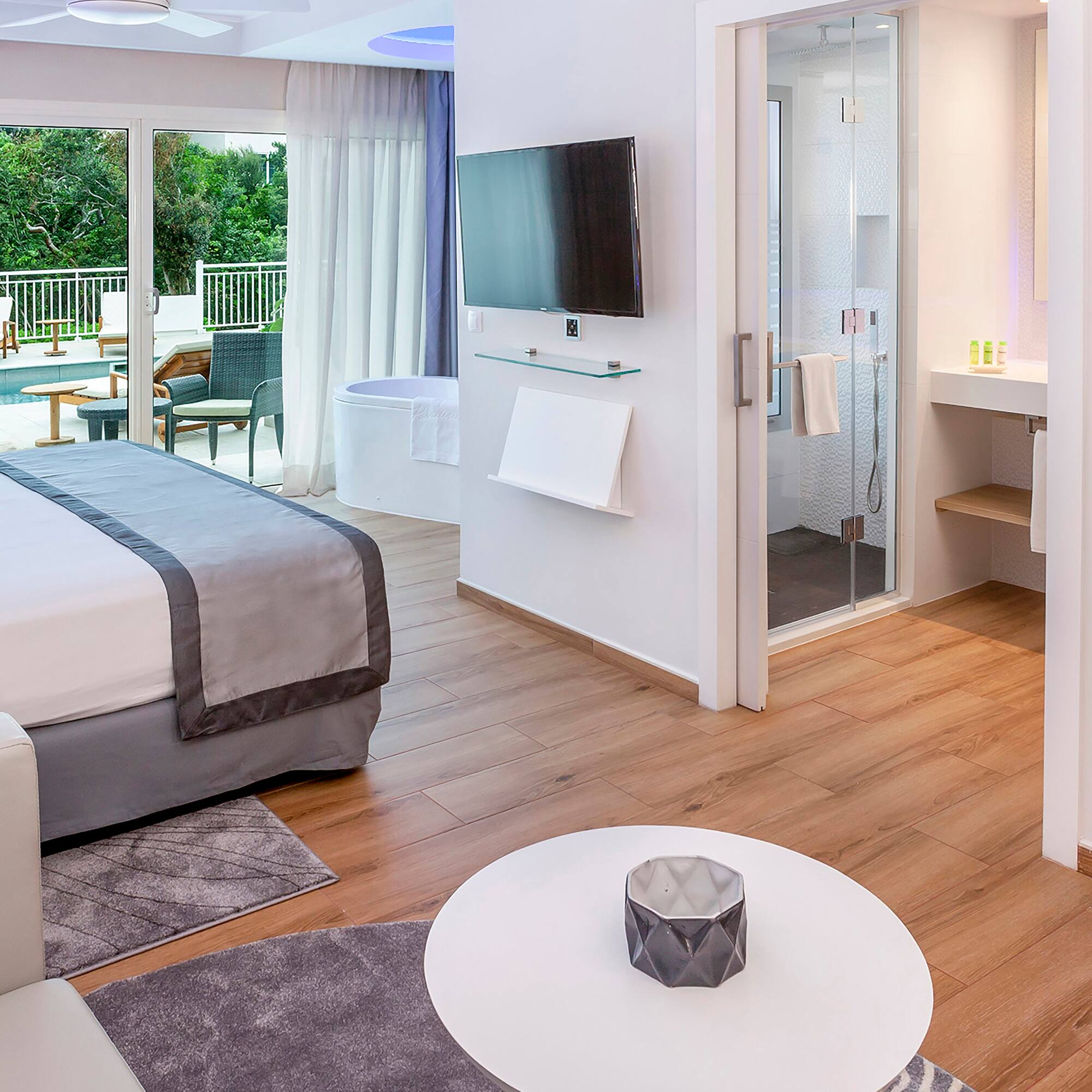 a room with a bed and a television