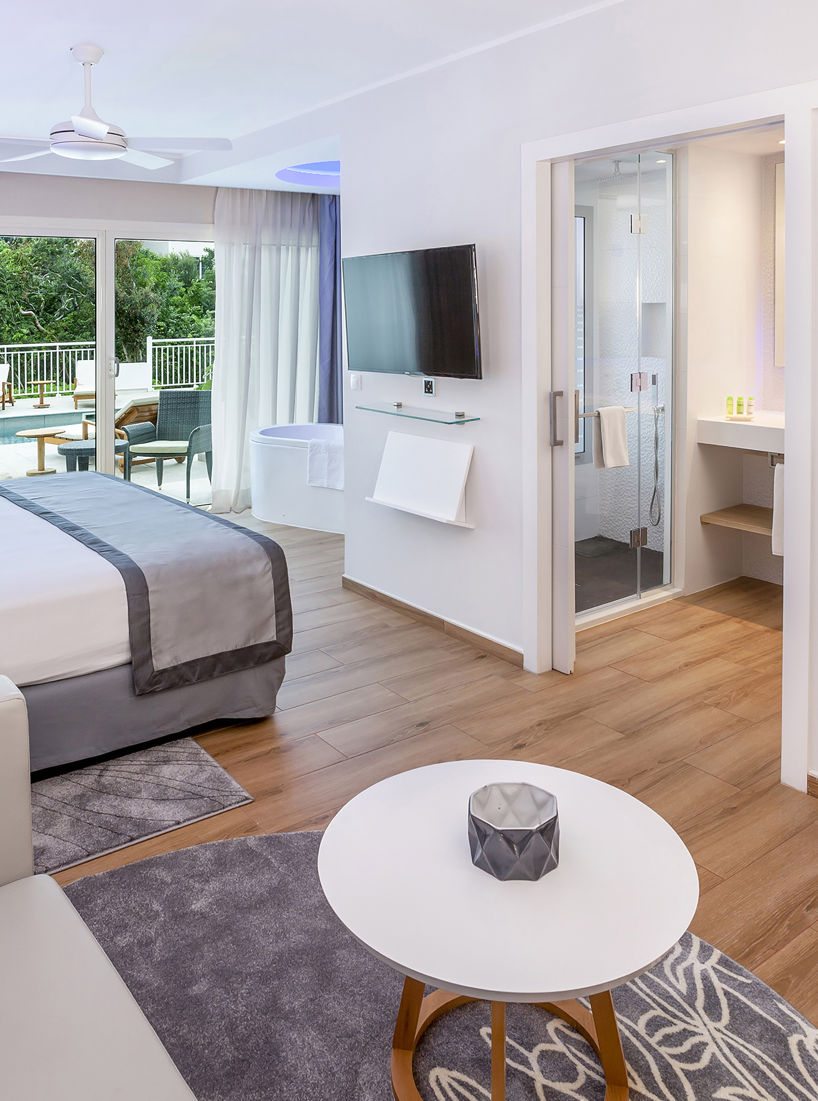 a room with a bed and a television