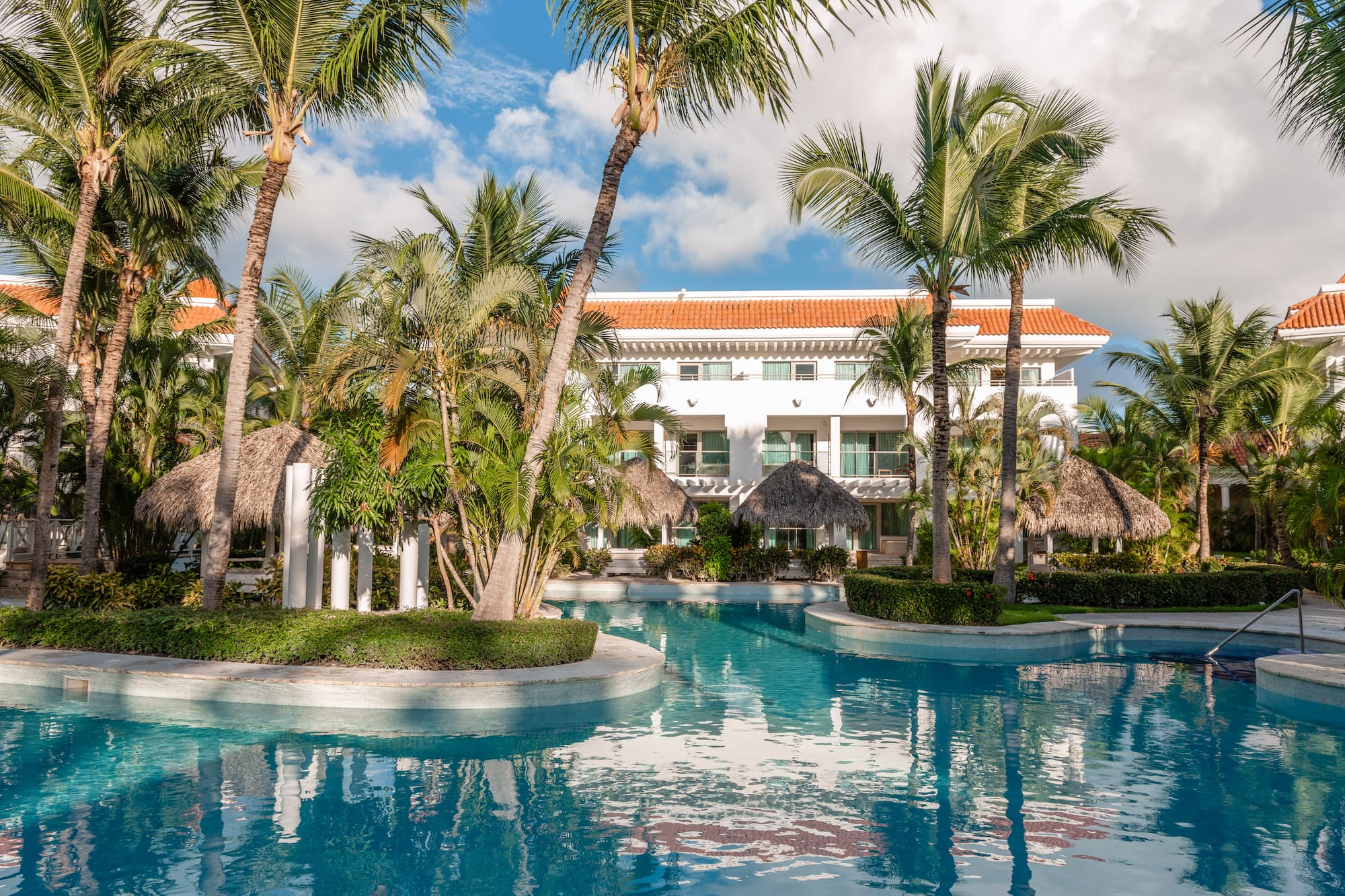 a pool with palm trees and a building in the background