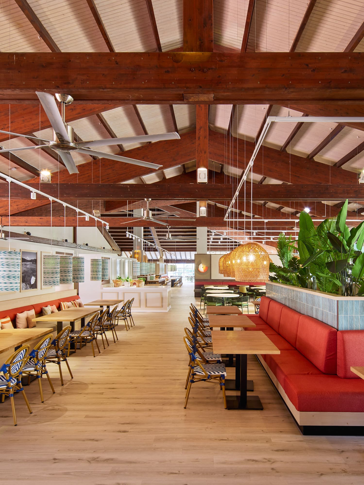 Modern tropical restaurant interior with red booths, wooden tables, and plants.