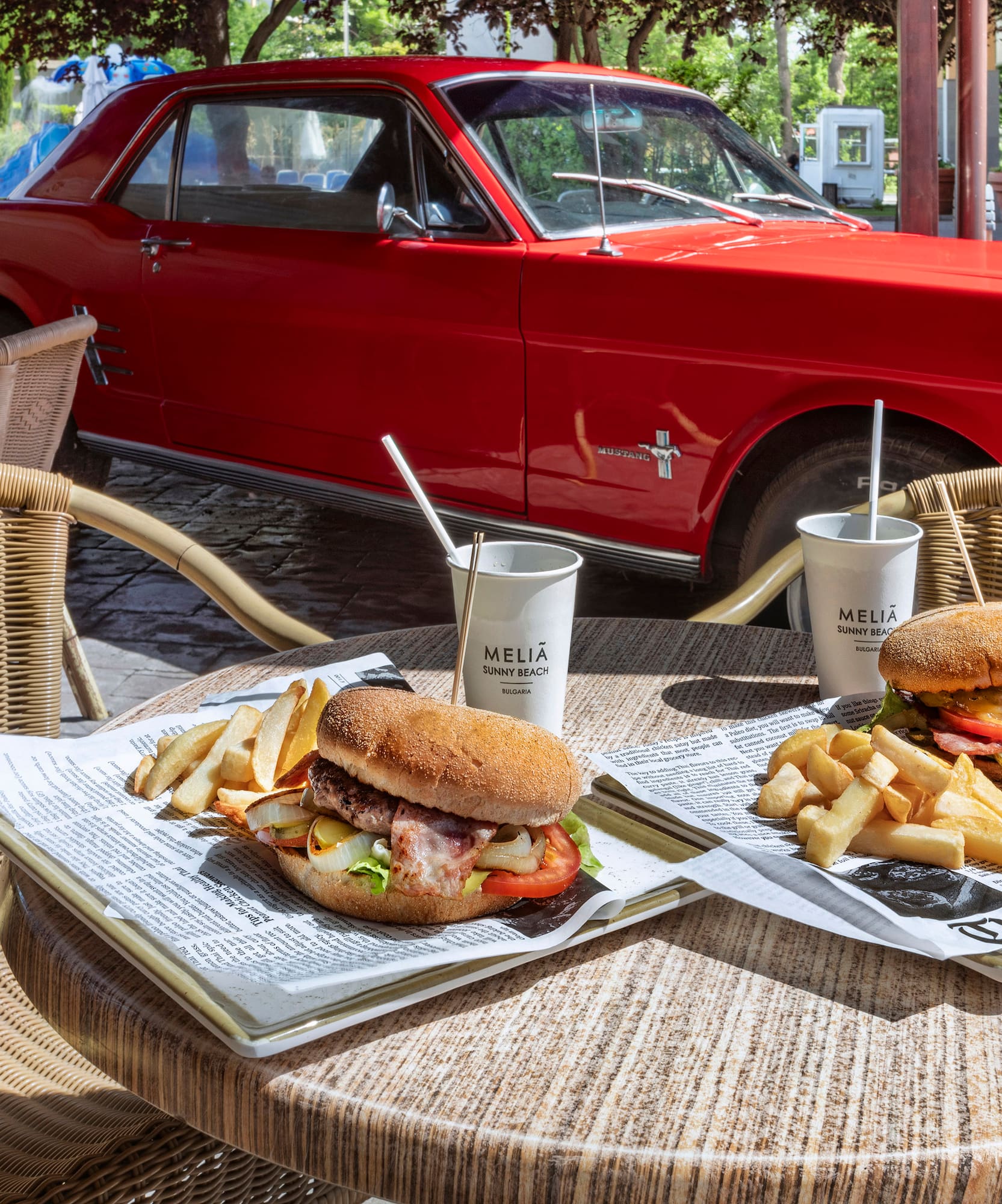 a two plates of food on a table