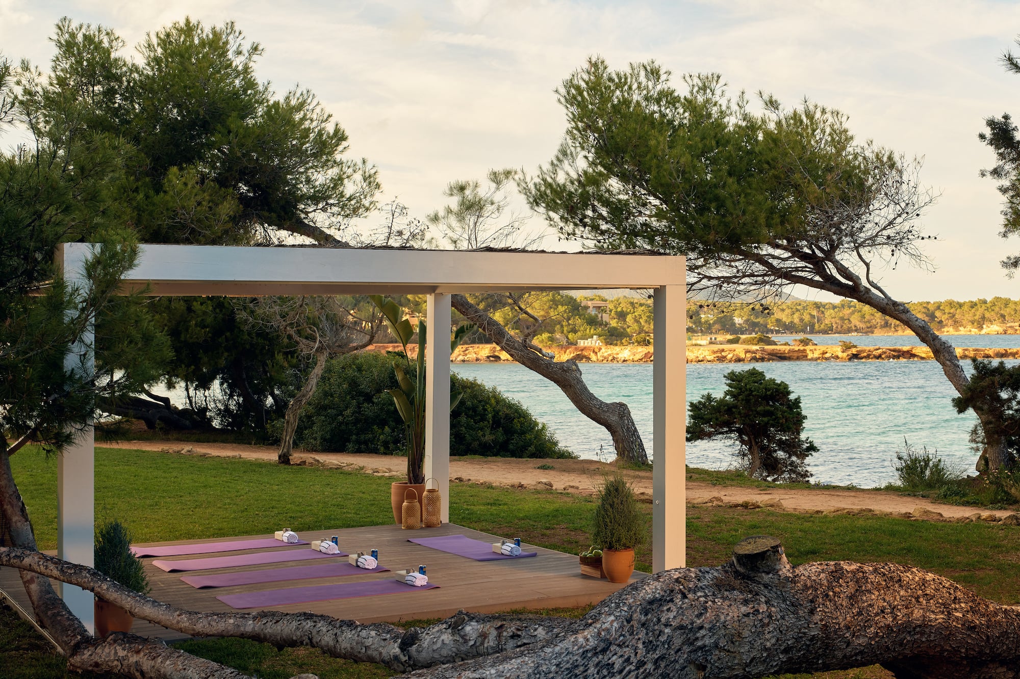 yoga mats on a deck near a body of water