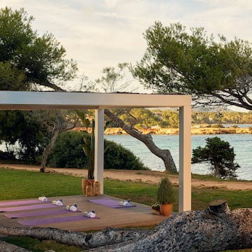 yoga mats on a deck near a body of water