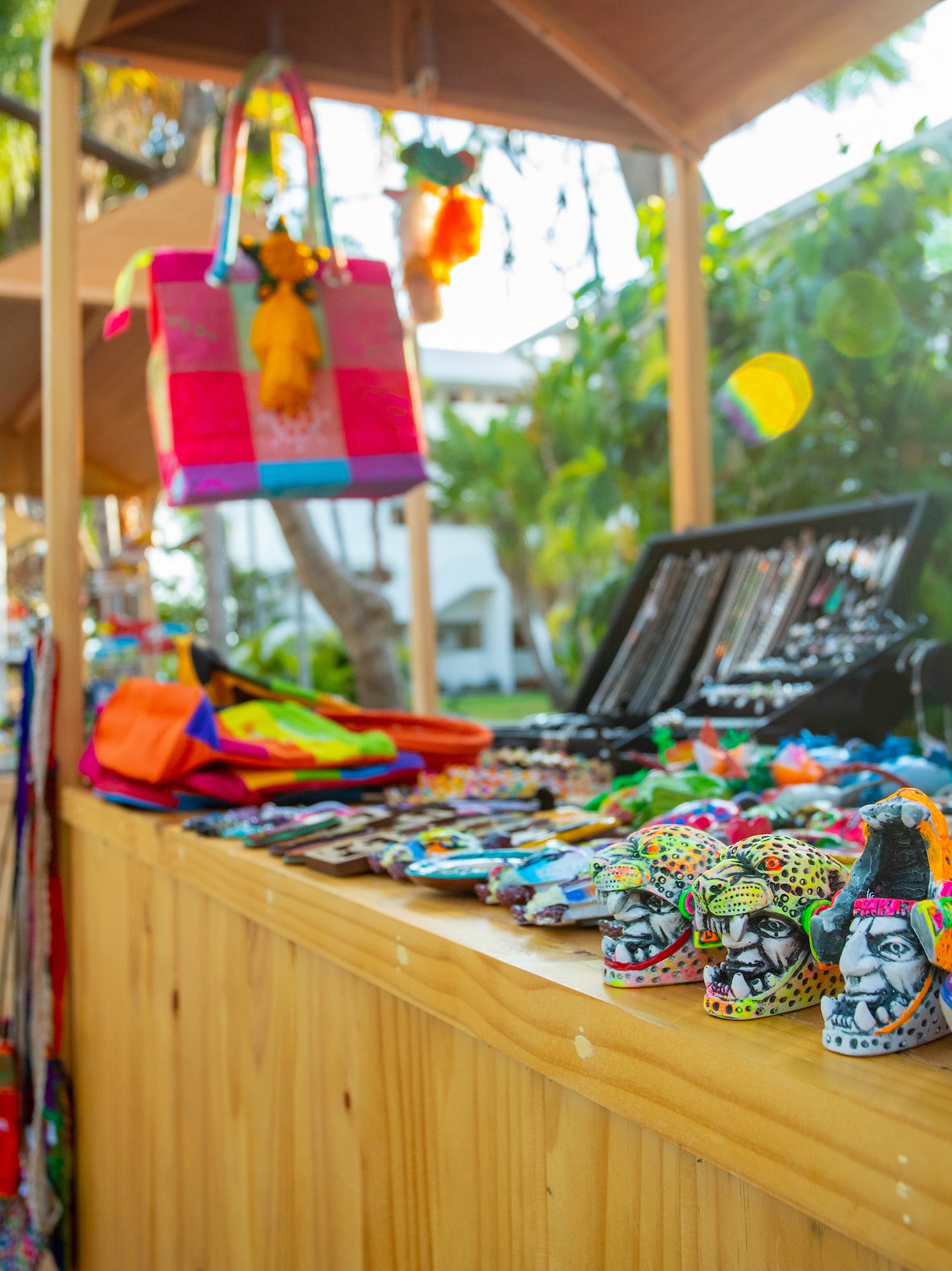 a display of colorful items on a wooden surface