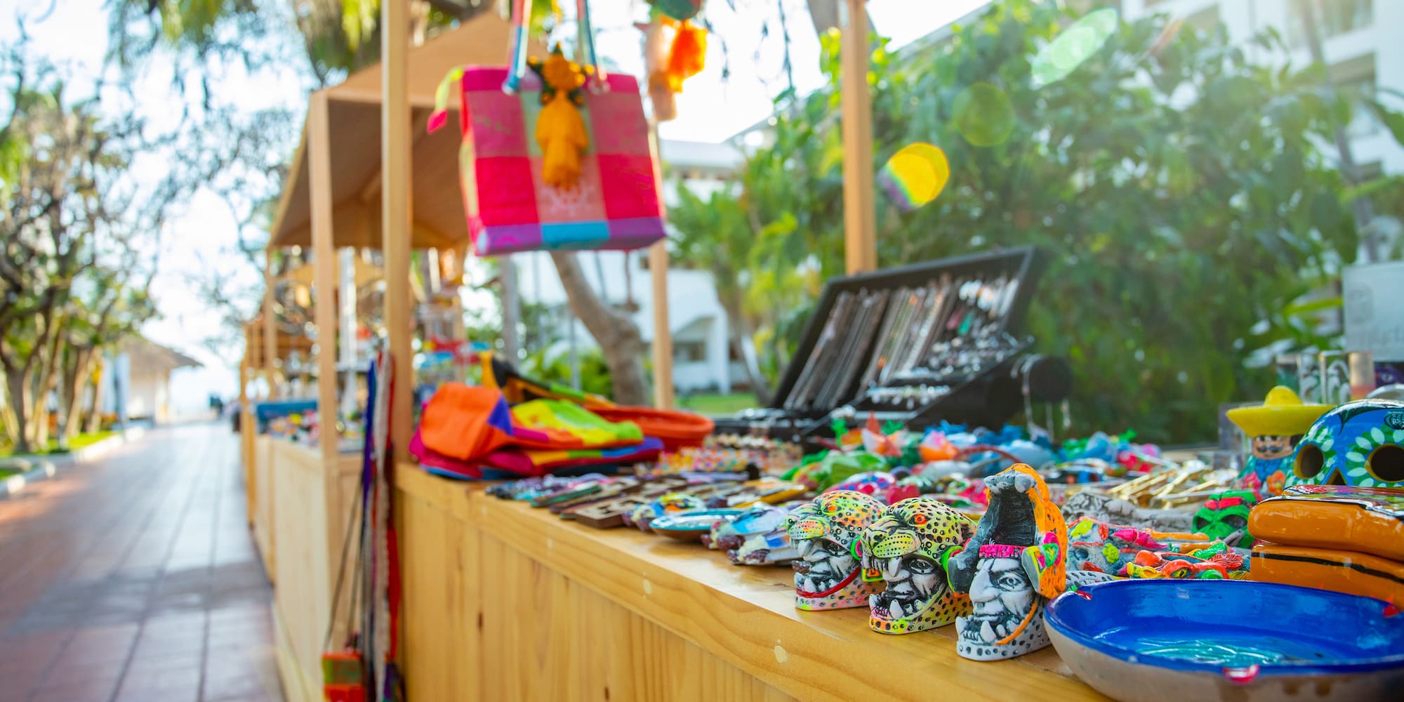 a display of colorful items on a wooden surface