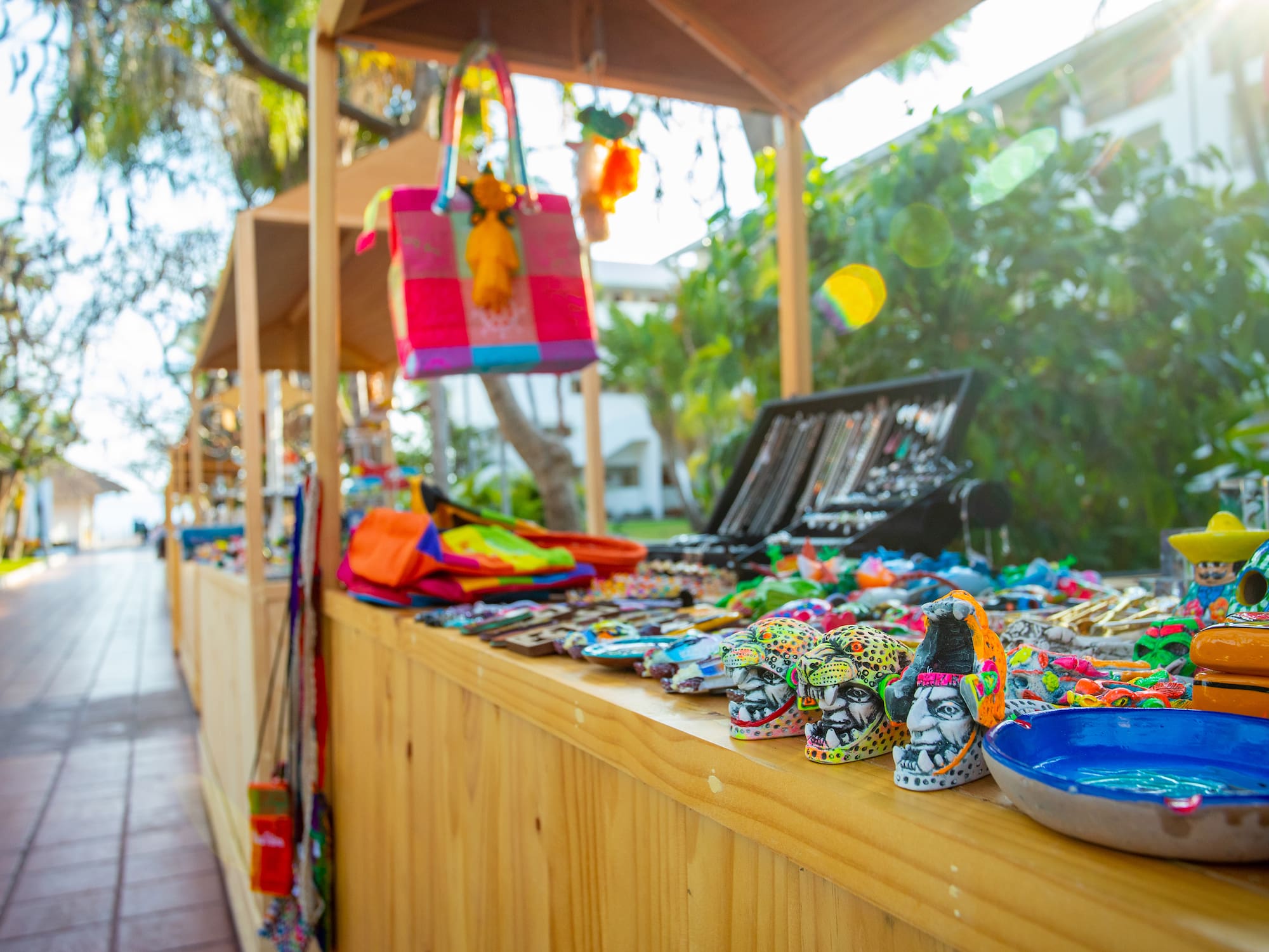 a display of colorful items on a wooden surface