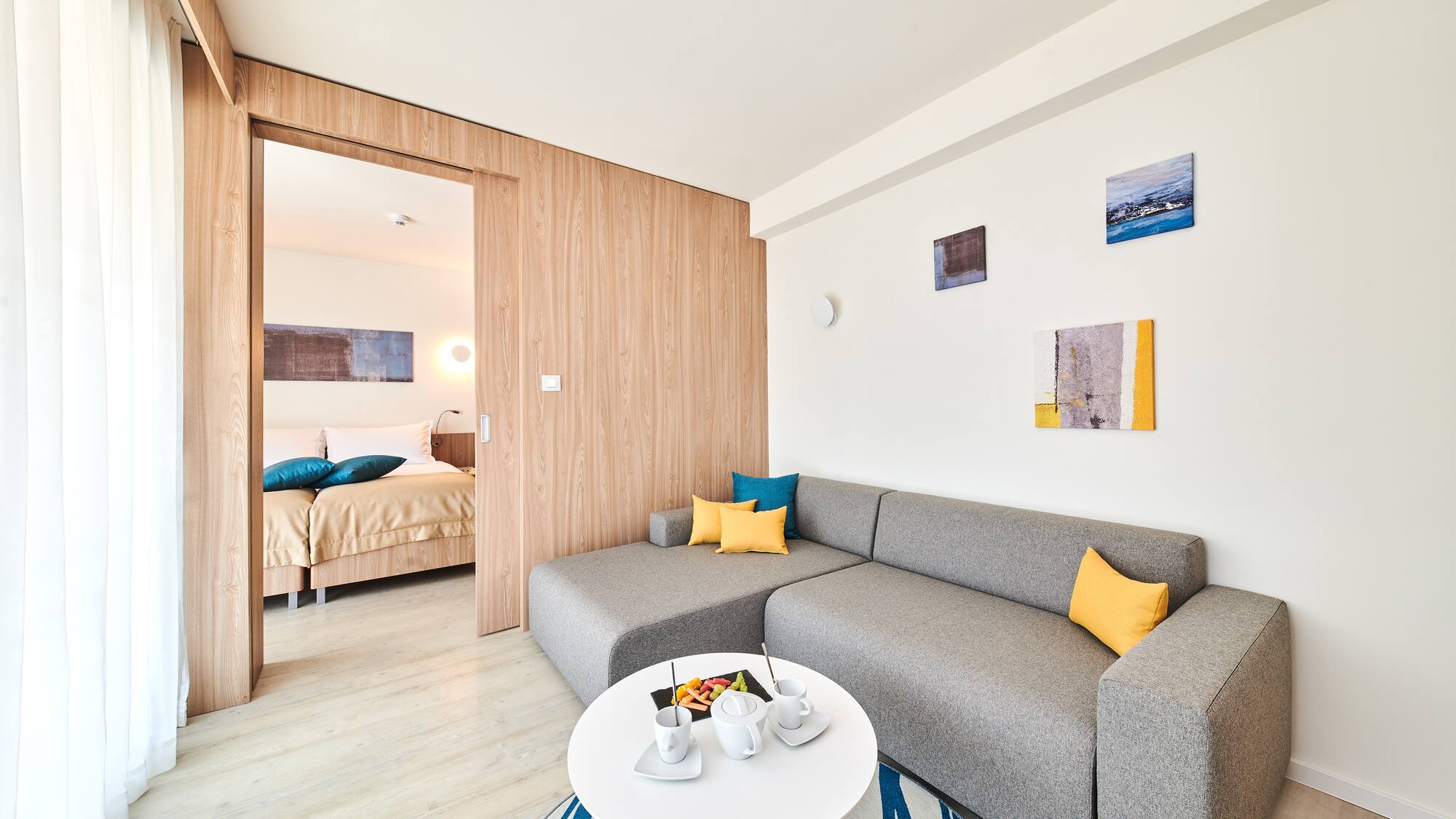 a living room with a couch and a small table