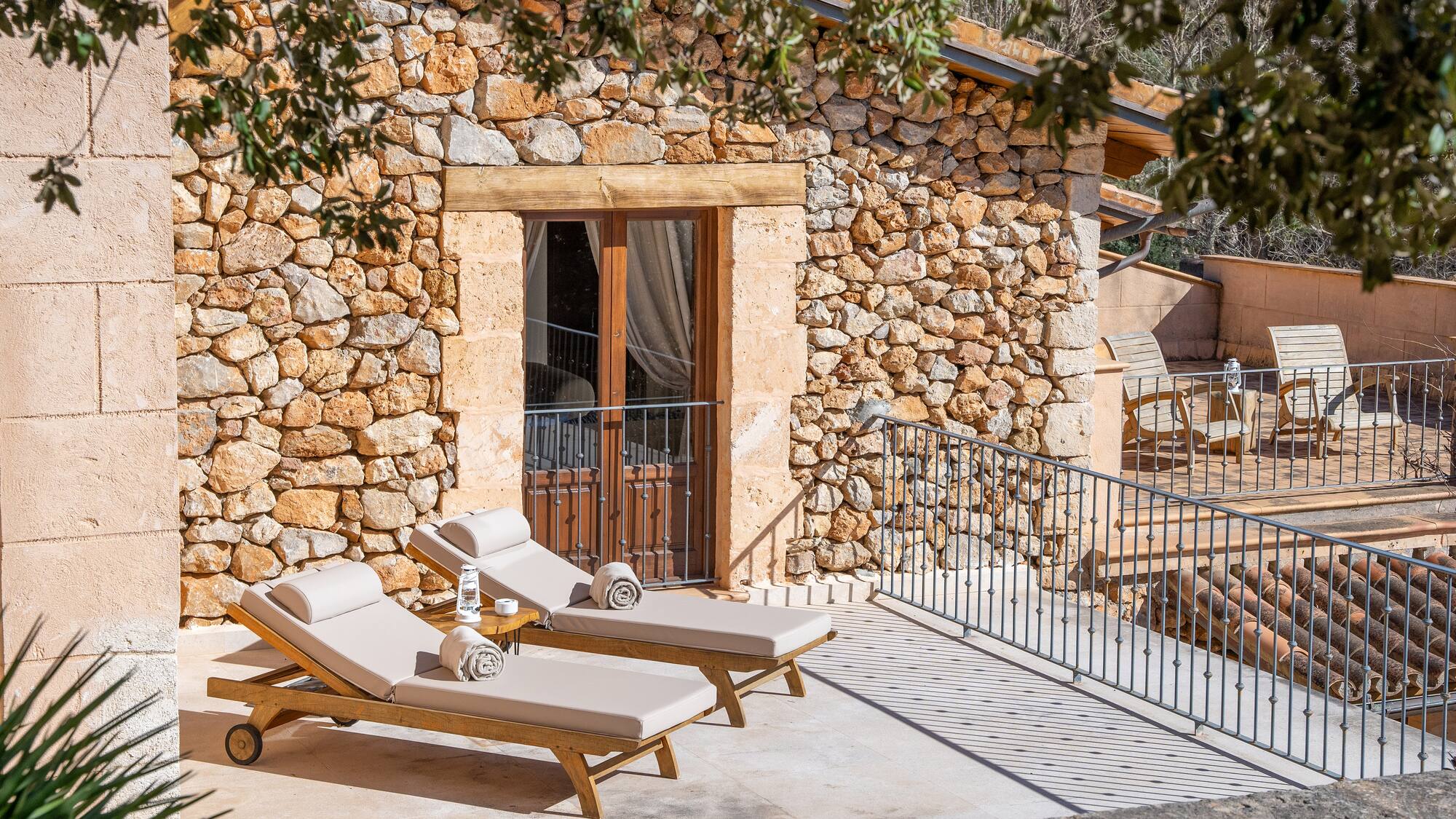 a deck chairs on a patio