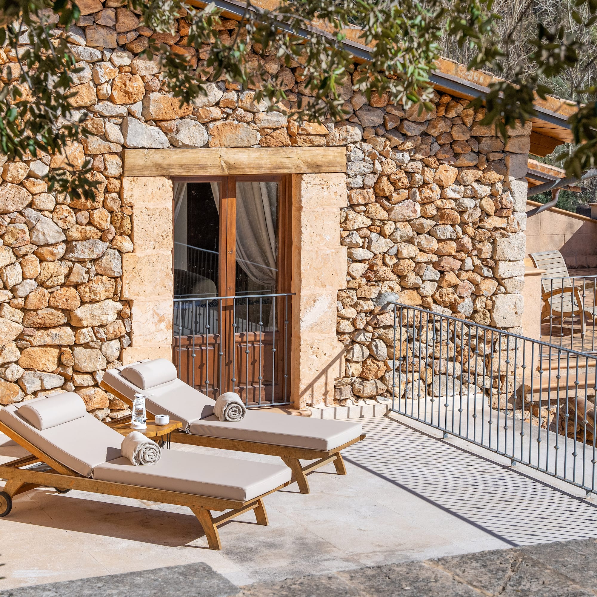 a deck chairs on a patio