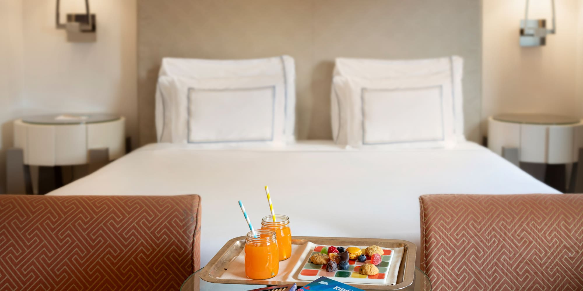 a tray of food on a table in a hotel room