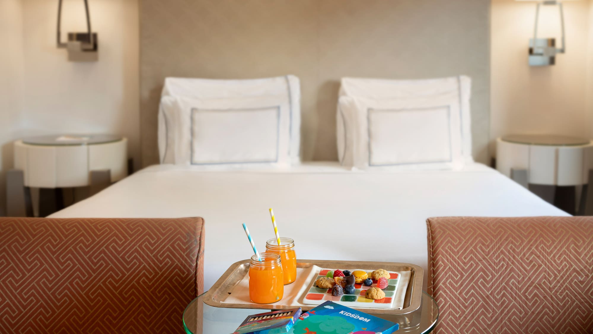 a tray of food on a table in a hotel room