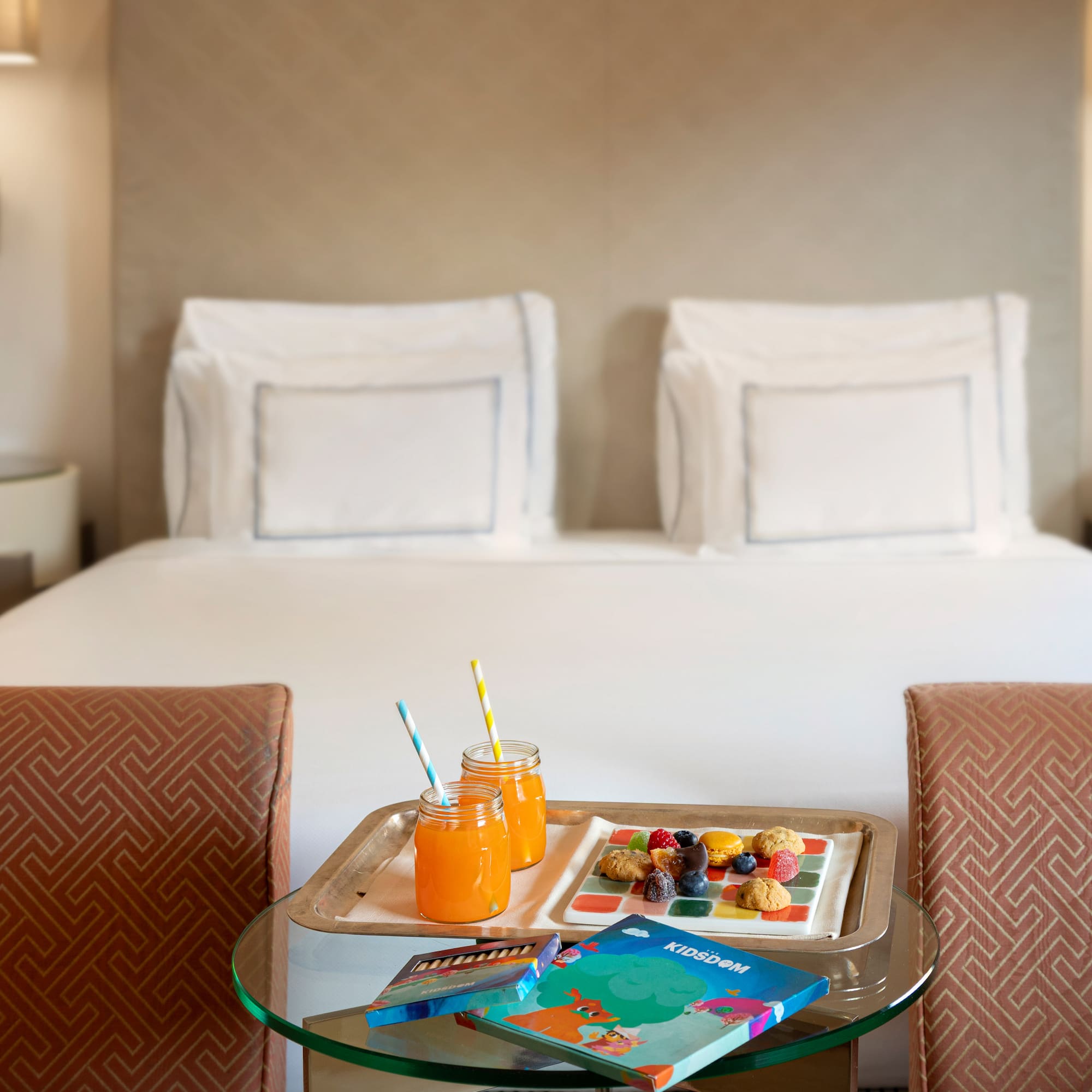 a tray of food on a table in a hotel room