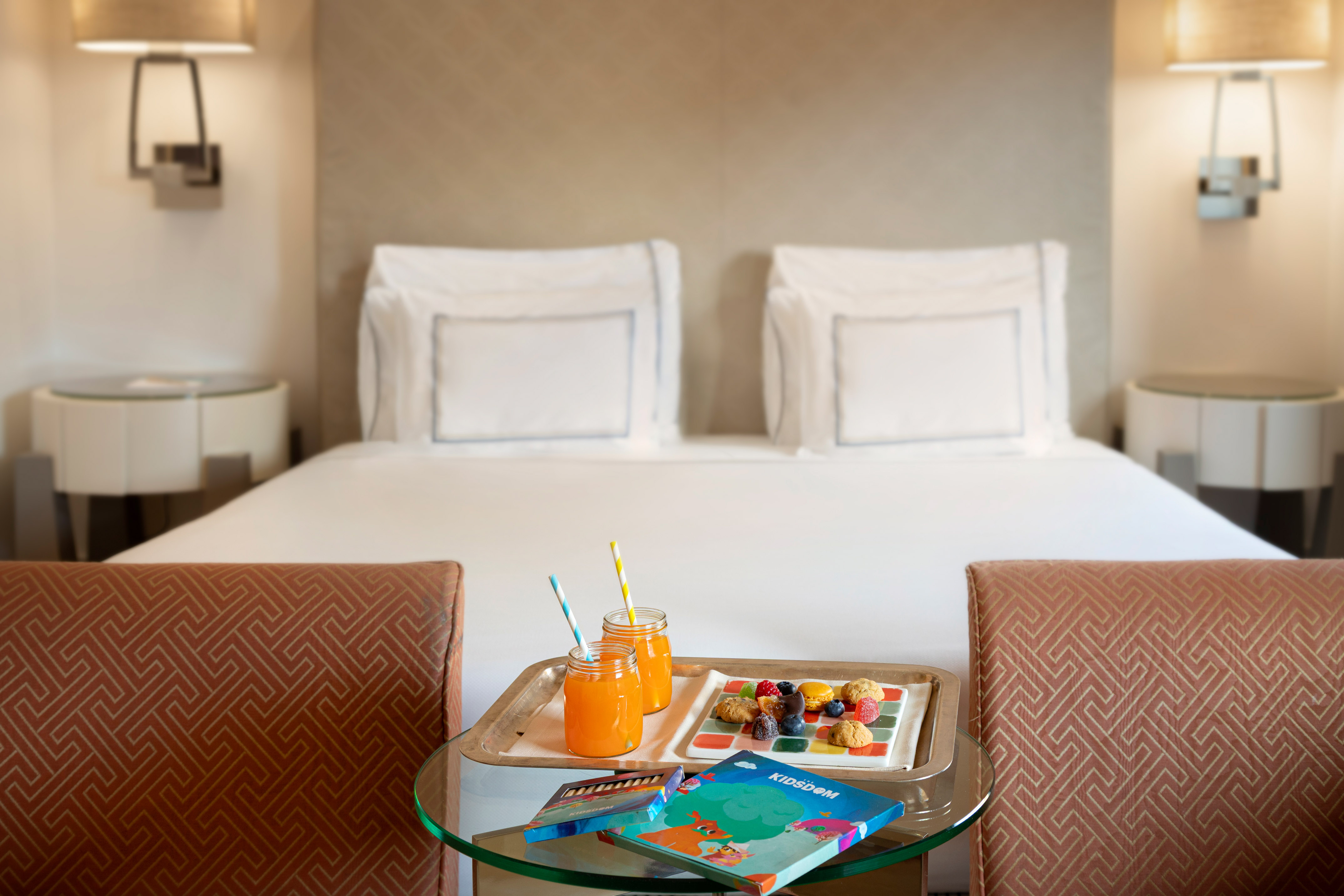 a tray of food on a table in a hotel room