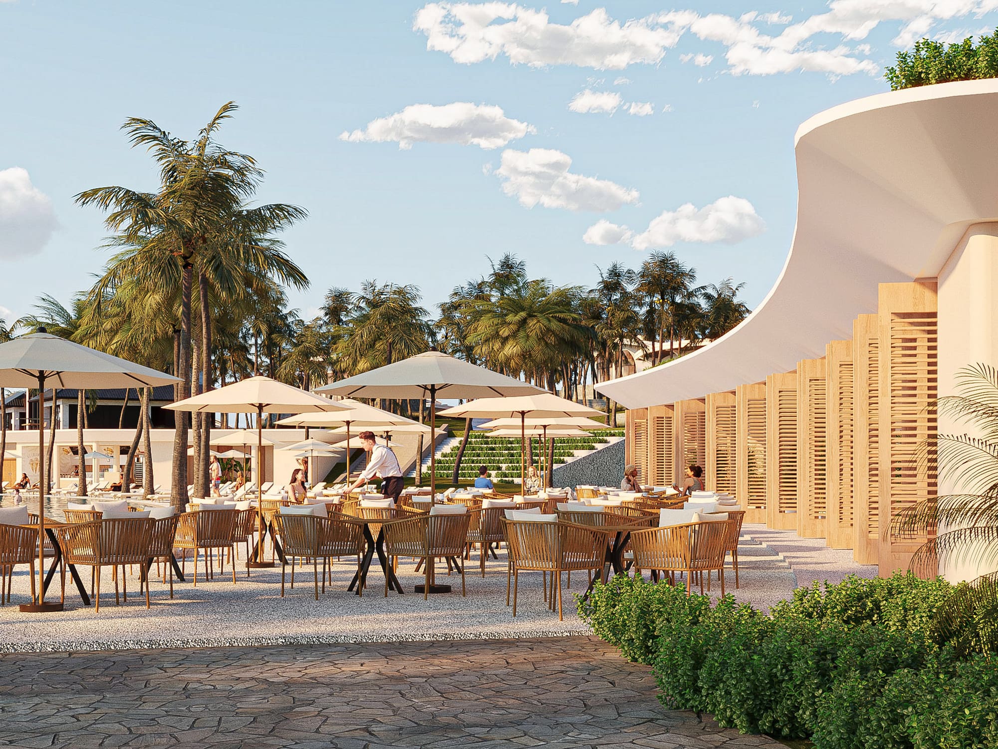 Tropical resort outdoor restaurant with modern design, palm trees, and pool.