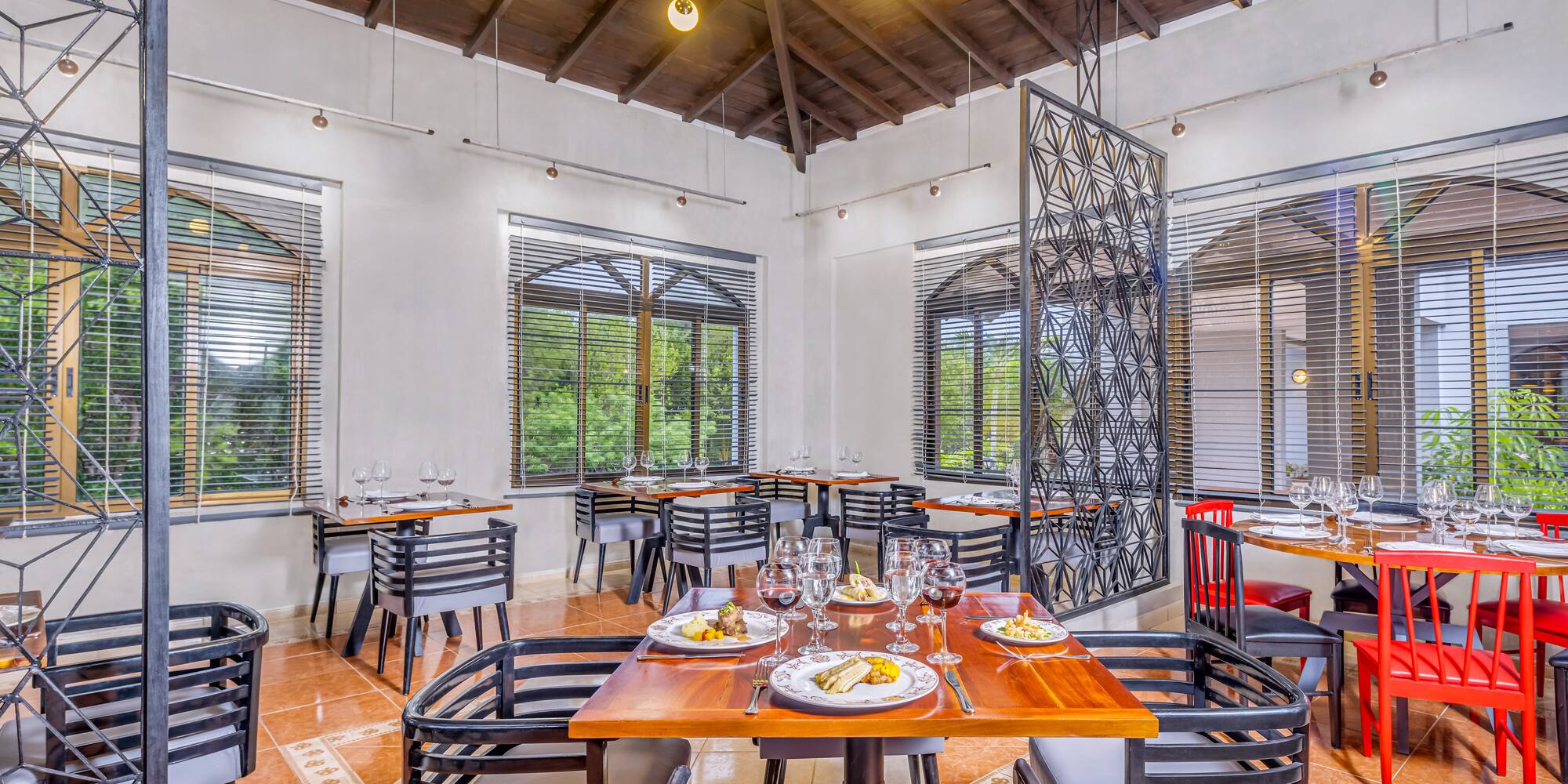 a room with tables and chairs