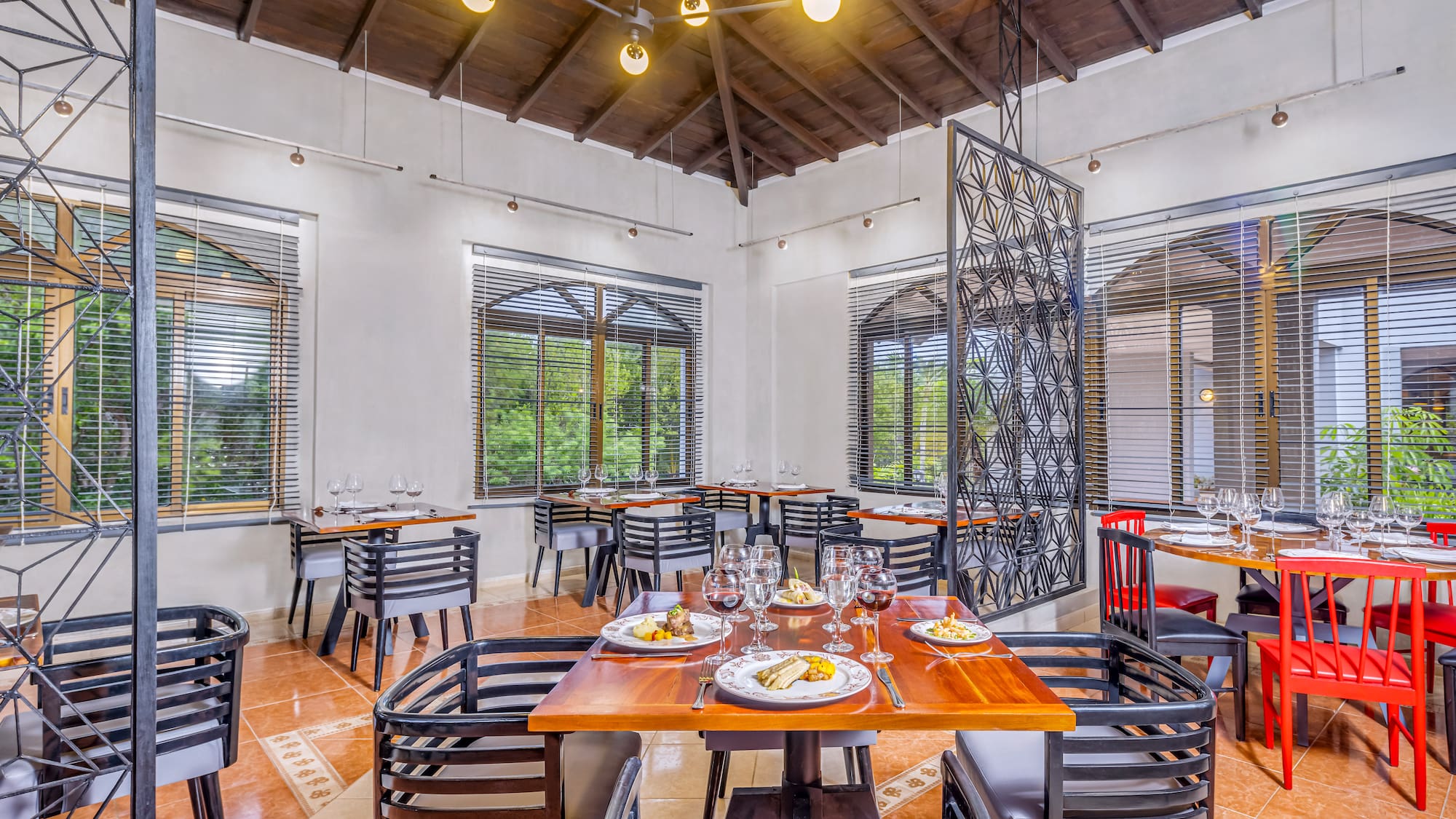 a room with tables and chairs