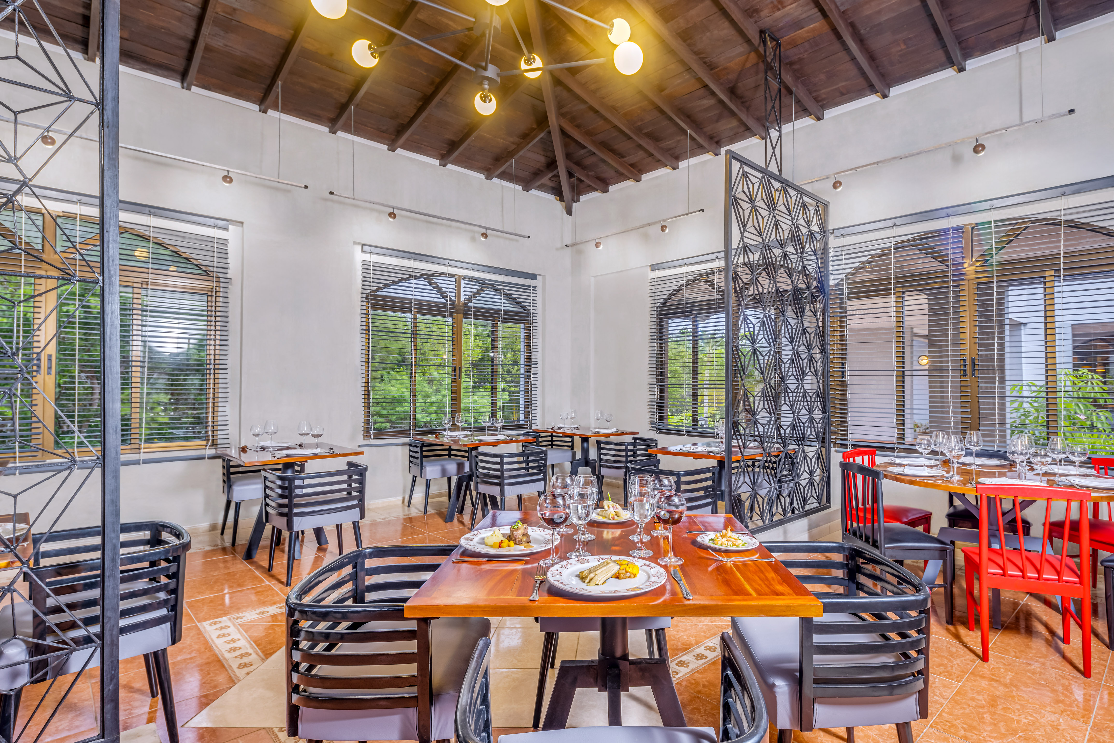 a room with tables and chairs