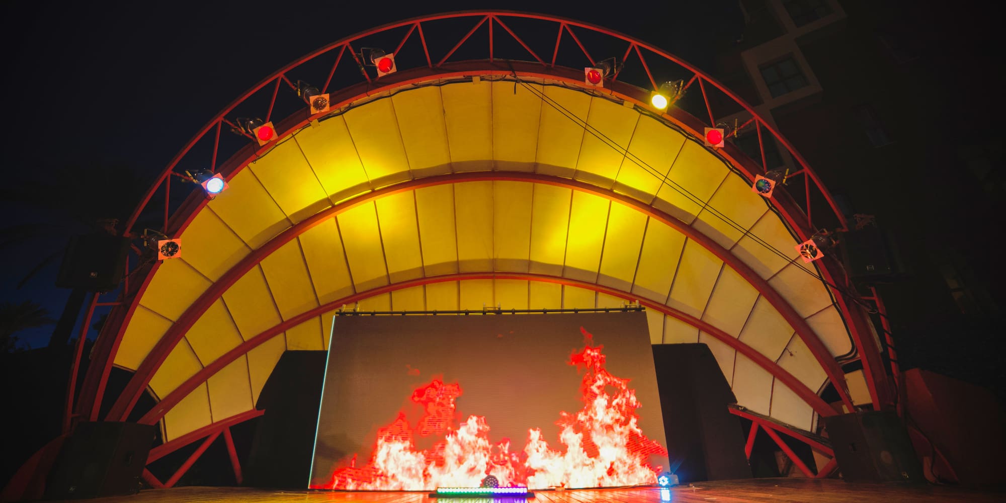 a stage with a fire on it