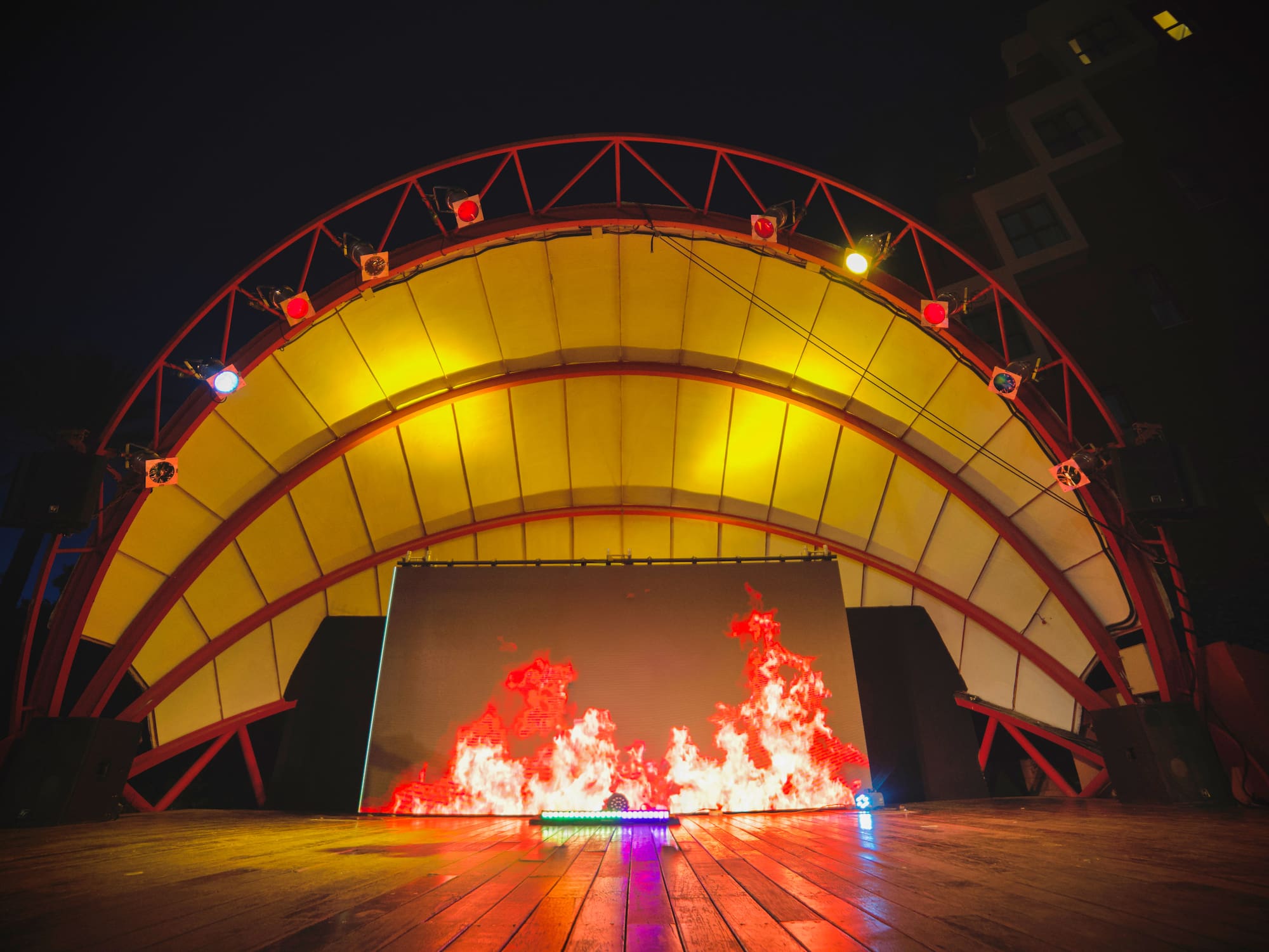 a stage with a fire on it