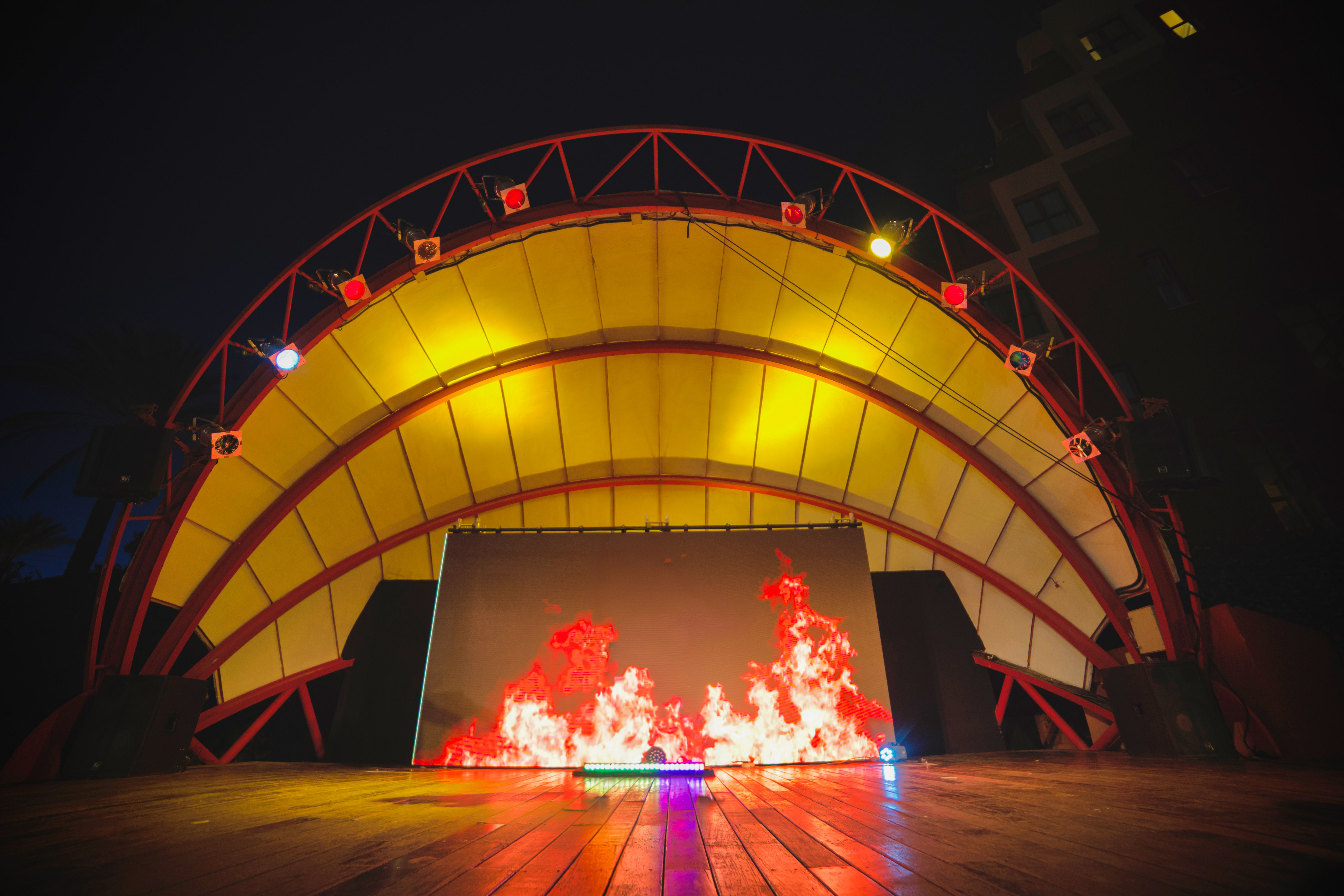 a stage with a fire on it