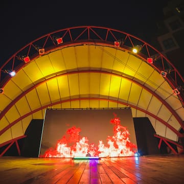 a stage with a fire on it
