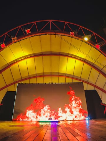 a stage with a fire on it